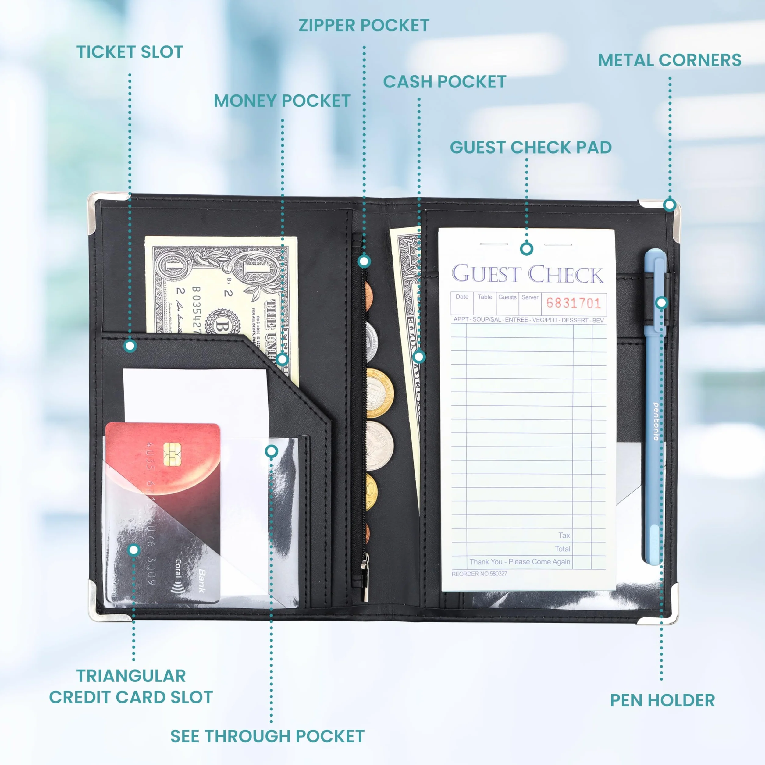 BELLE VOUS Guest Checks Server Note Pads with Folder - 10 książek/500 arkuszy - Waiter/Waitress Paper Checks Notes for Restaurant Food Order Receipt