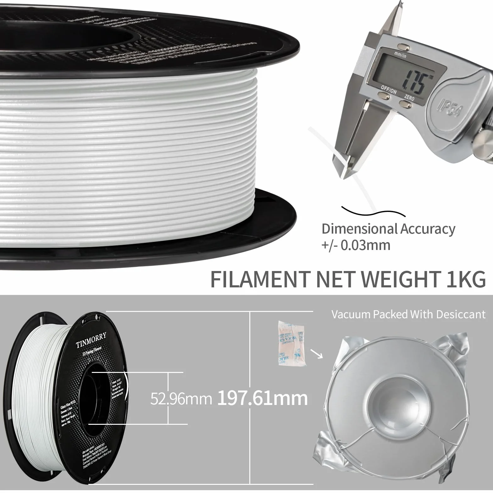 Glasfaser PETG Filament 1.75mm, hohe Schlagzähigkeit matt PETG-GF 3D Druck Filament, Haltbarkeit & Steifigkeit, perfekt kompatibel mit Bambu Lab FDM 3D Drucker, 1 KG 1 Spule, Frosted Weiß