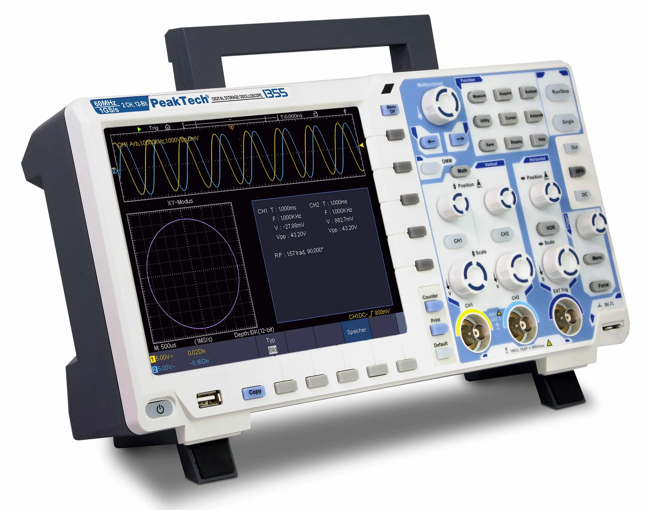 PeakTech P 1355 2-Channel Storage Oscilloscope 60 MHz Max. 1 GS/s and 12 bit A/D - with USB, LAN interface & 8" touch screen, memory depth 40 million points, FFT & XY mode, DSO 18 W, 240 V