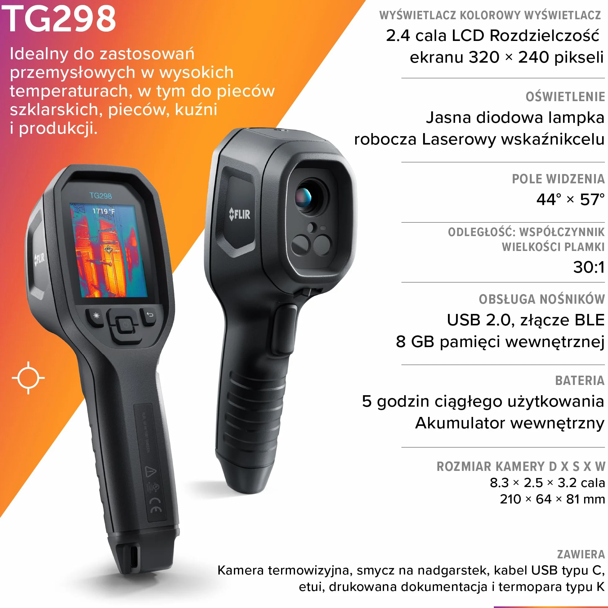 FLIR TG298 Kamera termowizyjna z wysoką temperaturą, punktową podczerwienią o superrozdzielczości 320x240 (natywna IR 160x120) i laserem Bullseye: przemysłowa kamera punktowa na podczerwień