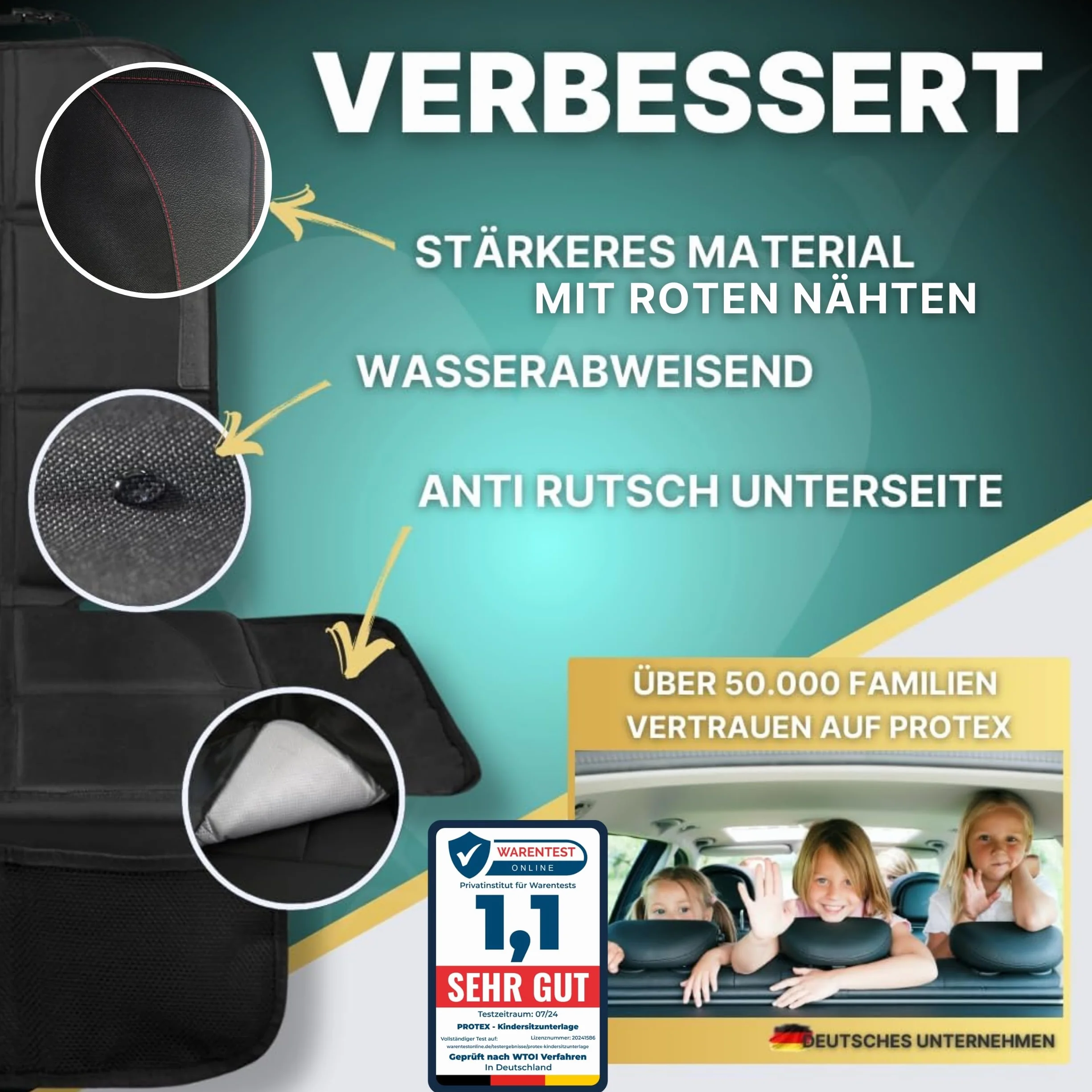 PROTEX© Podkładka pod fotelik dziecięcy – nadaje się do ISOFIX, antypoślizgowa powierzchnia | wodoodporny i wyjątkowo wysokiej jakości materiał 600D z wyściełaną powierzchnią siedziska (rozmiar L
