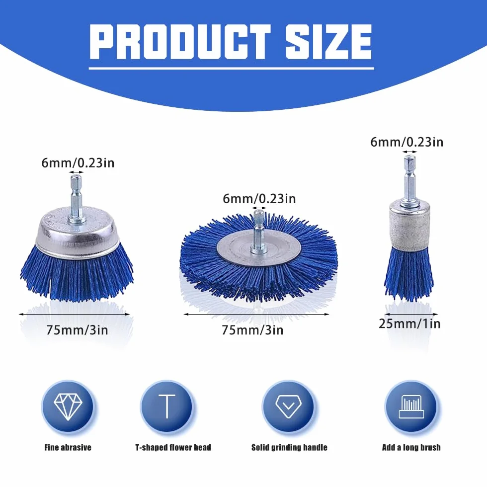 9 sztuk nylonowych szczotek z sześciokątnym trzonkiem 1/4", szczotka nylonowa, zestaw wierteł, szczotki do garnków, szczotka szlifierska do usuwania rdzy, korozji/farby (Ø 25 mm/ø 75 mm)