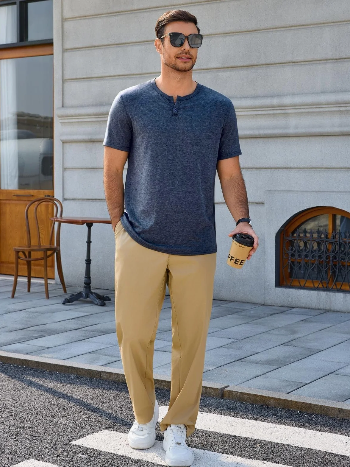 Runcati Męski T-shirt na lato, krótki rękaw, Henley, koszulka męska, dekolt w serek, jednokolorowa, luźna, krój slim fit, lekka koszulka basic z listwą guzikową