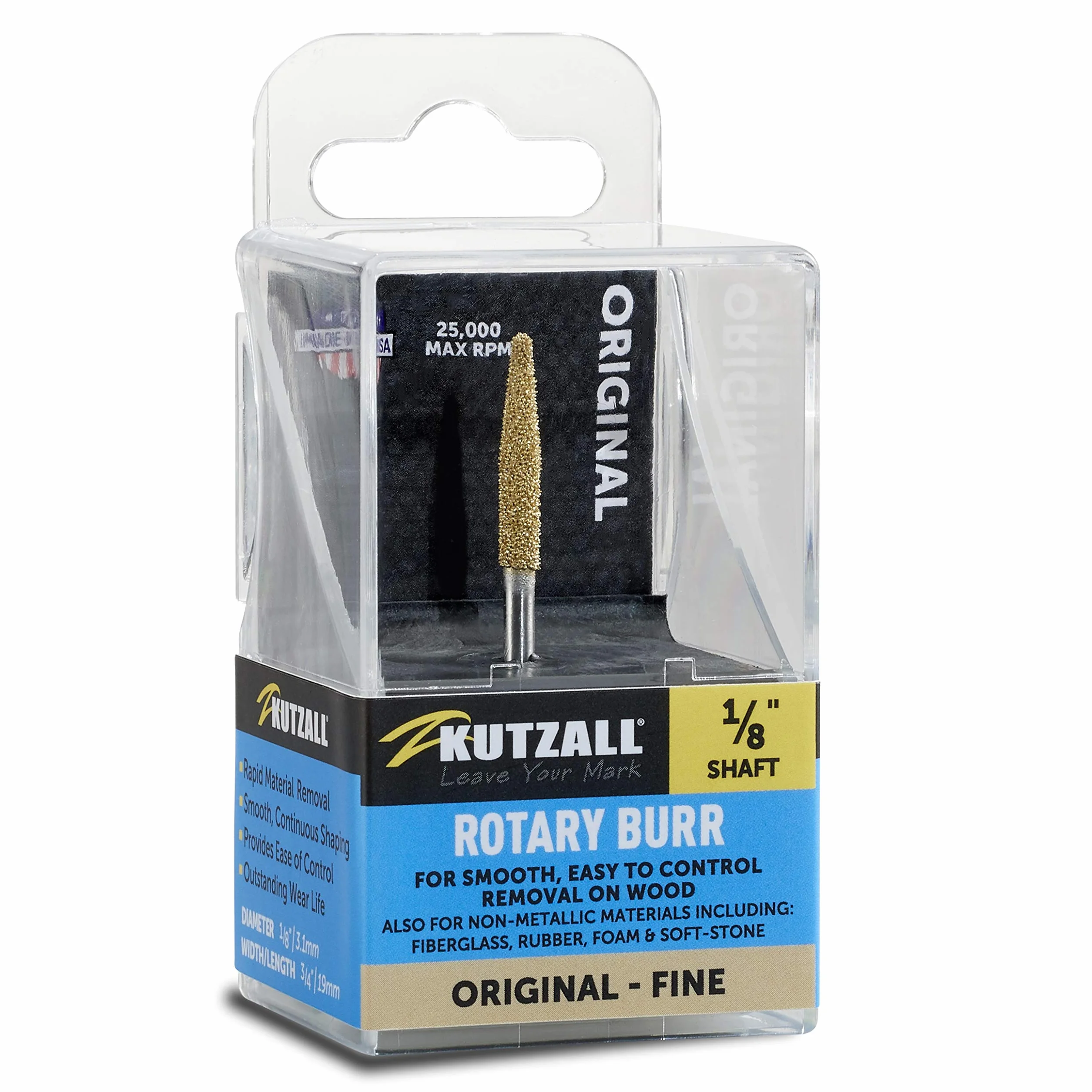 Kutzall Oryginalny stożkowy zadzior obrotowy, wał 1⁄8 cala, drobne mocowanie do drewna do Dremel, Foredom, DeWalt, Milwaukee. Ścierny węglik wolframu, średnica głowicy 1⁄8" (3,1 mm) x 7⁄8" (22,2 mm)