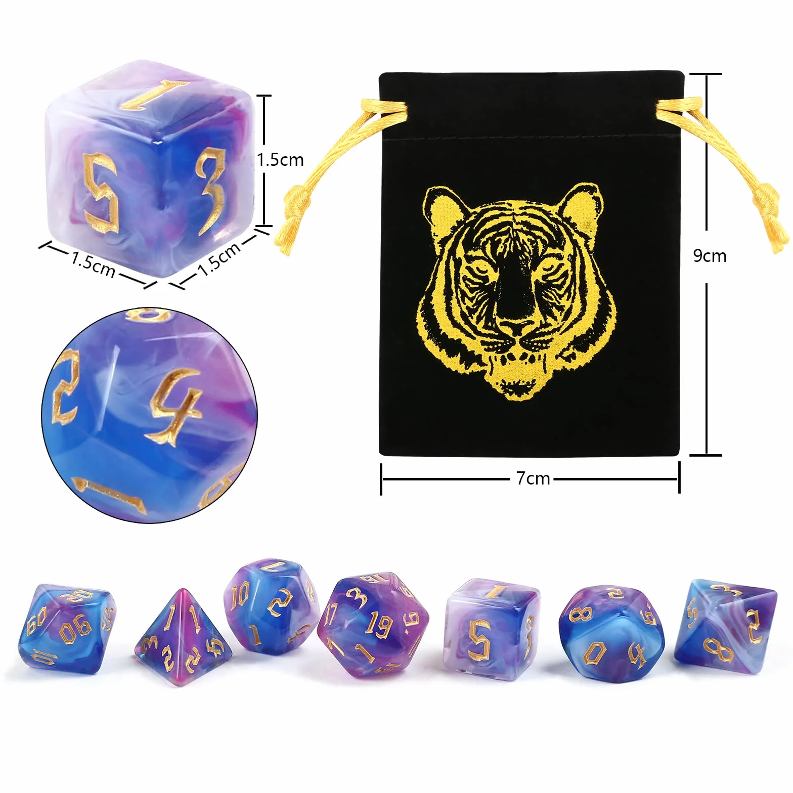LEMESO zestaw 42 kostek wielościennych – 6 zestawów po 7 kostek, zestaw kostek do gry w lochy i smoki DND RPG MTG – w zestawie 6 aksamitnych woreczków (D20 D12 D10 D8 D6 D4)