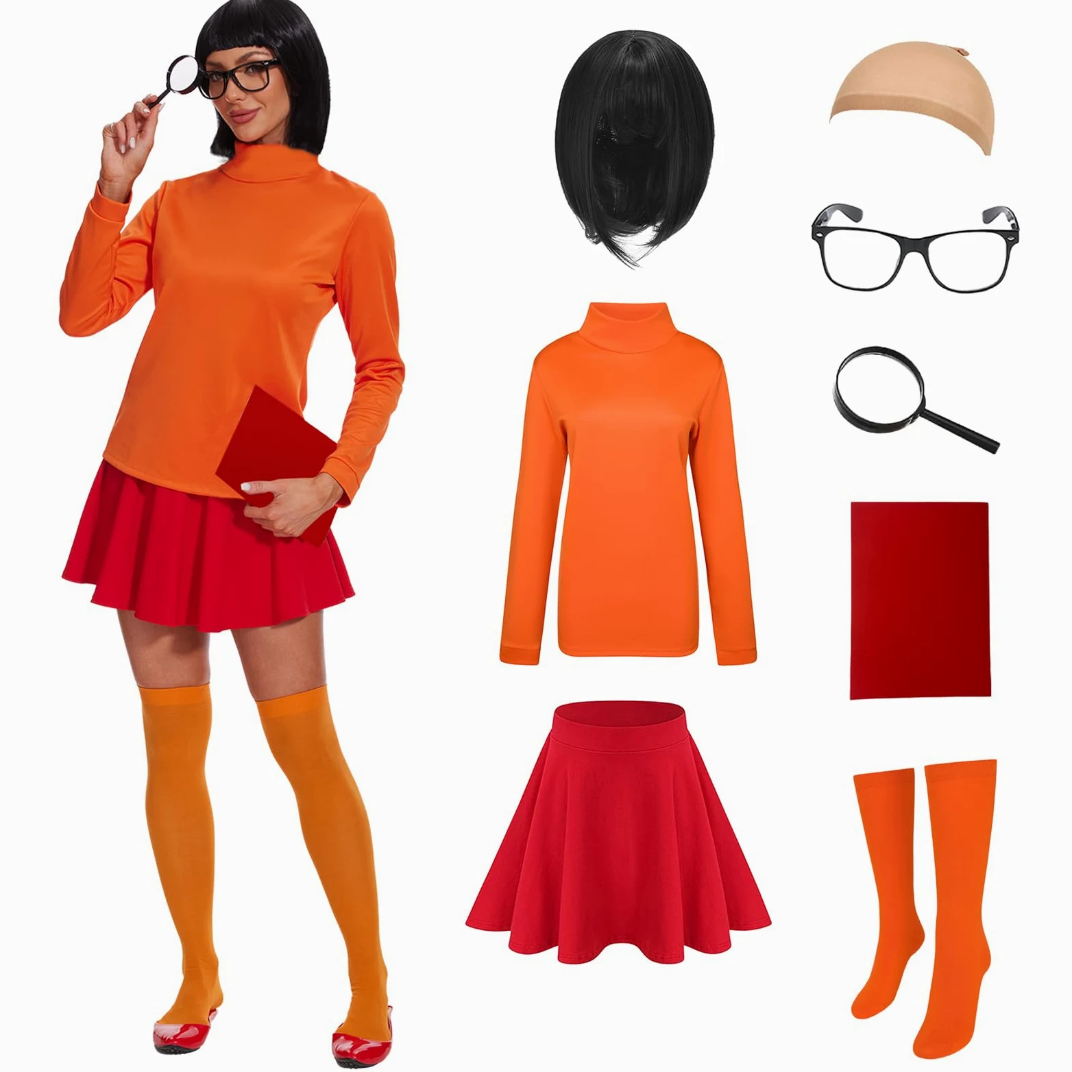 Velma kostium dla kobiet, pomarańczowy golf, spódnica skaterowa, skarpety, kostium Cosplay dla dorosłych, na imprezy, karnawał i Halloween