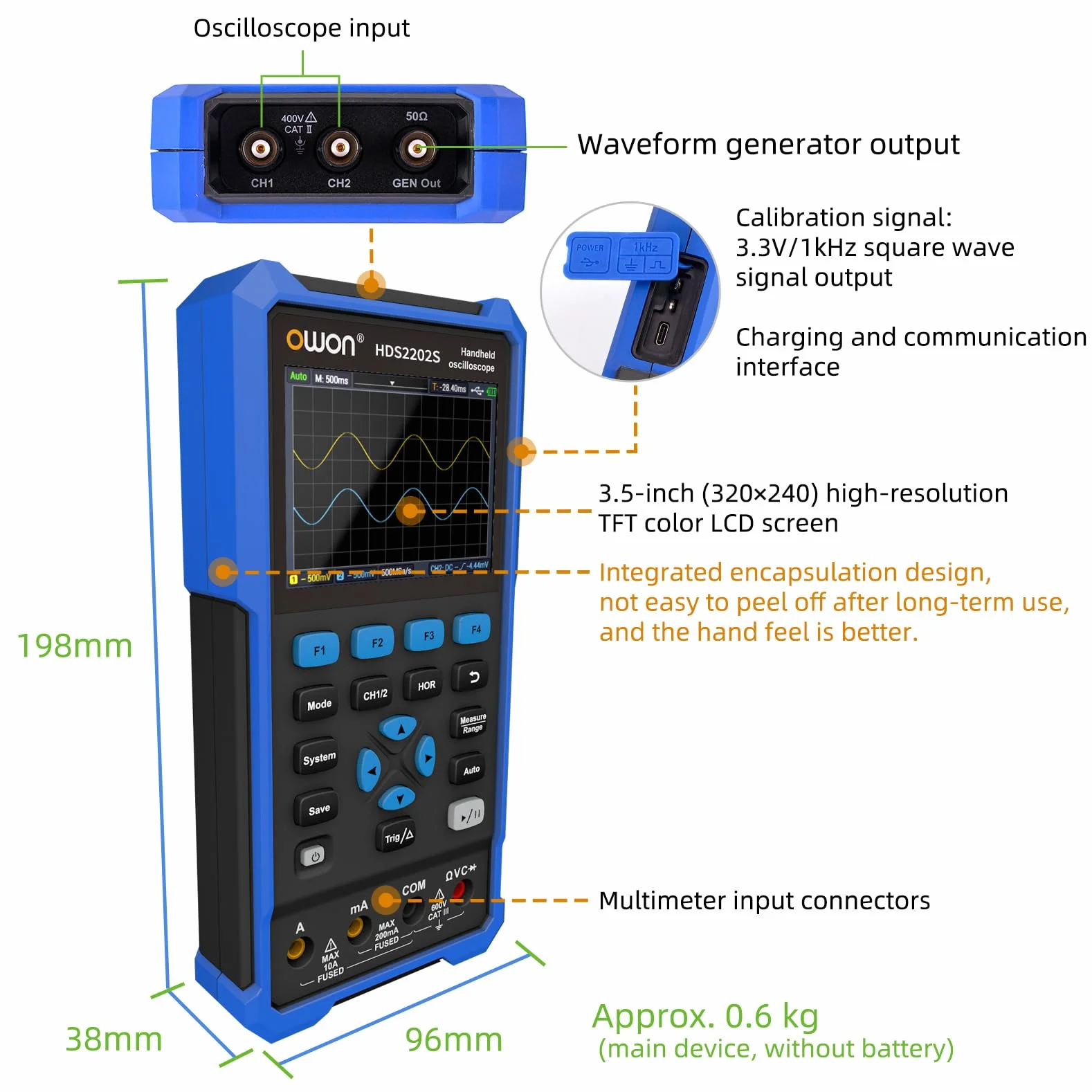 OWON HDS2202S 3 w 1 ręczny oscyloskop, przepustowość 200 MHz USB typu C z 3,5-calowym wyświetlaczem LCD, multimetr cyfrowy 20000, 2-kanałowy oscyloskop cyfrowy generator