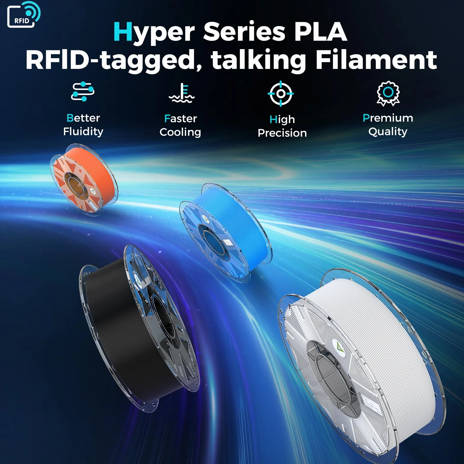 Creality Filament PLA, Hyper PLA RFID filament do drukarki 3D – wysoka prędkość 30-600 mm/s, szpula 1 kg (2,2 lbs) z obsługą CFS, kompatybilny z K2 Plus Combo i większością drukarek 3D, czarny