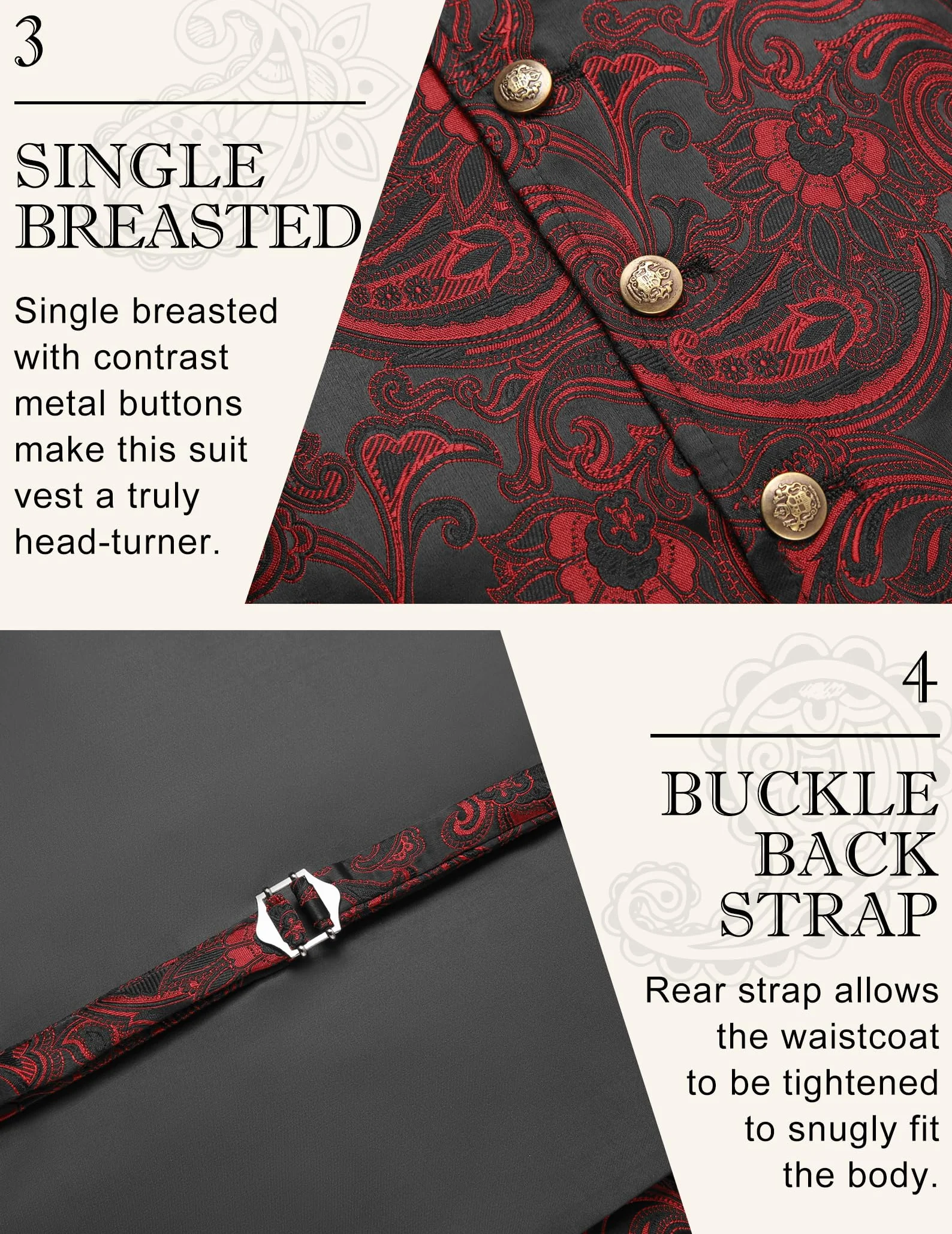 COOFANDY Men Suit Vest Paisley Floral Steampunk Vest Tuxedo Vests Formal Waistcoat with Notch Lapels Wine Red, Medium
