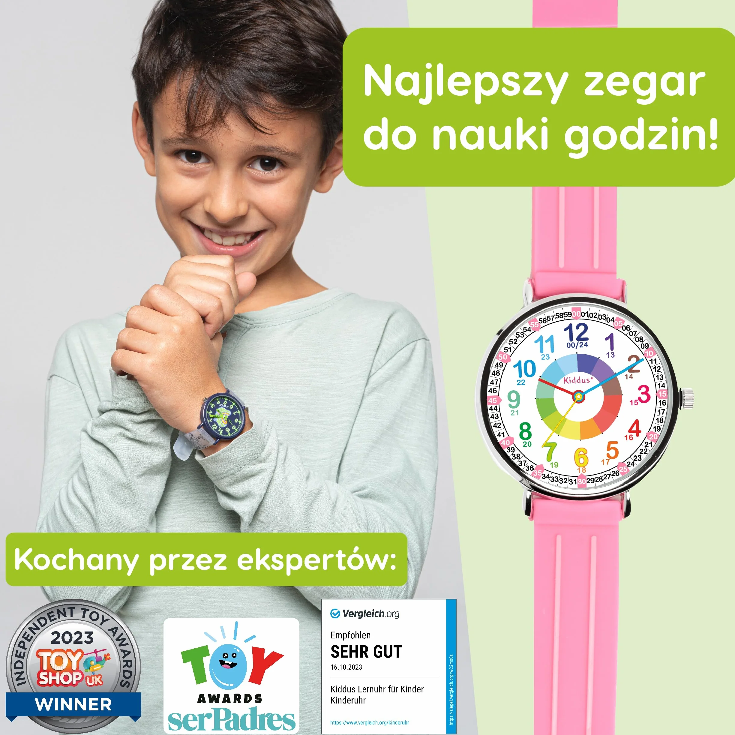 Kiddus Analogowy zegarek edukacyjny dla chłopca, dziewczynki. Naucz się czytać zegar dzięki naszemu łatwemu systemowi Time Teacher, ćwiczenia w zestawie. Zaprojektowany w Barcelonie, ciągnąć