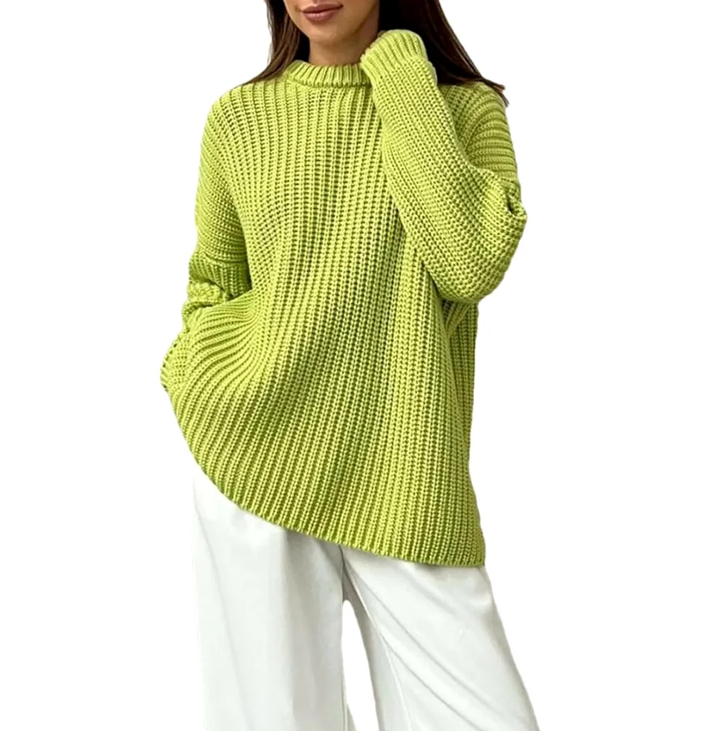 Damski sweter z dzianiny oversize z długim rękawem okrągły dekolt luźne grube swetry pulowery
