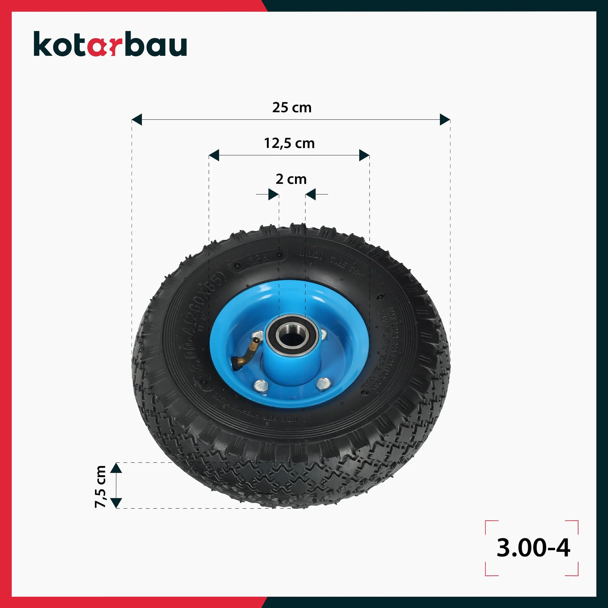 KOTARBAU® Zestaw 2 kół do wózka transportowego, koła do wózka transportowego z pełnymi oponami gumowymi 260 x 85 mm 3.00-4, wzmocnione, 4PR, koła kompletne, opony do wózka transportowego, koła