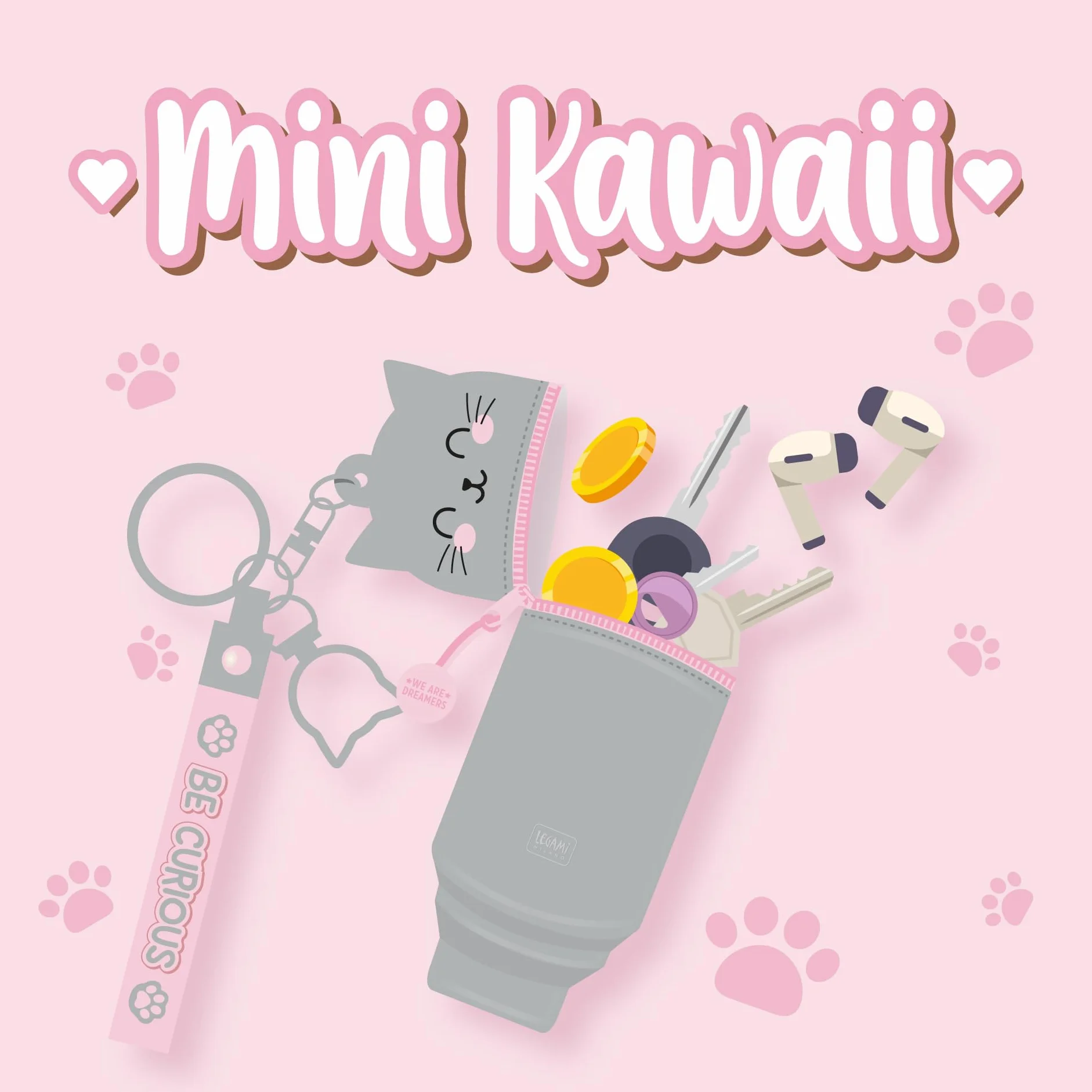 Legami Kawaii Mini Kawaii Portmonetka z motywem Kitty, z pierścieniem spiralnym, karabińczykiem i paskiem na rękę, silikonowa, 5 x 12 x 5 cm