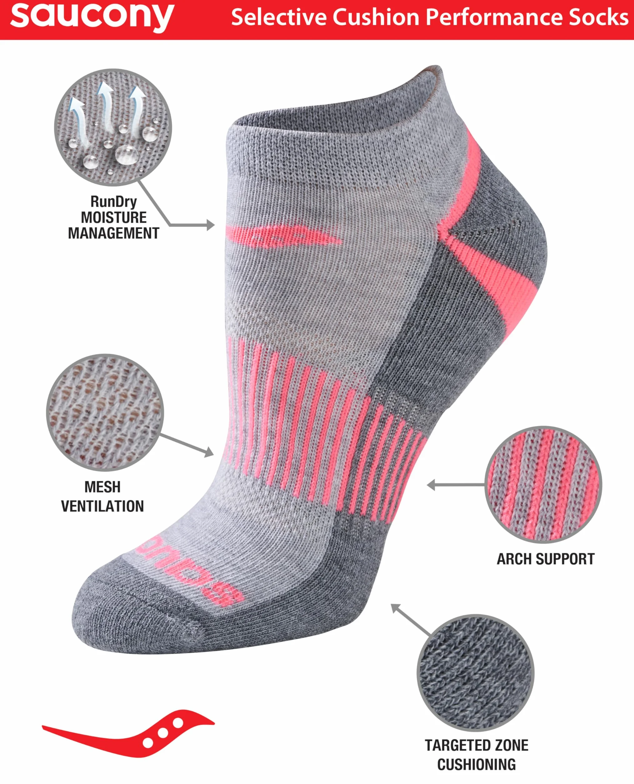 Saucony Women's 6 Pack Performance No Show Athletic Sport Socks, Grey Assorted, M:5-8, W:6-10.5(Pack of 6)