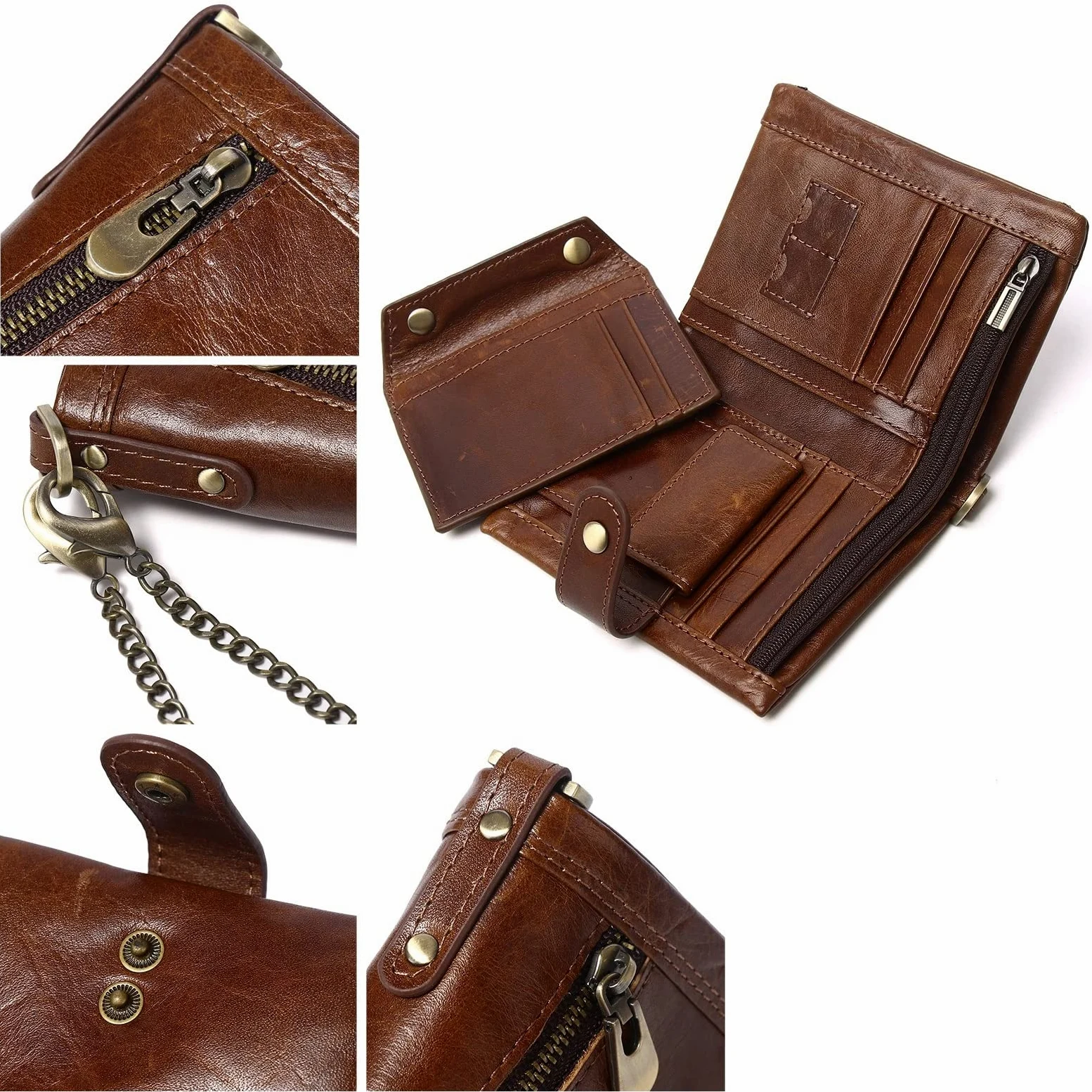 Męski portfel z łańcuszkiem męski portfel ze skóry z łańcuszkiem antykradzieżowym skórzany RFID podwójny składany portfel, kawa, 12x9.5cm, Klasyczny