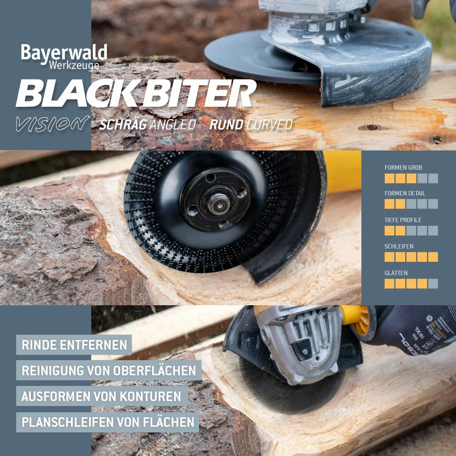 Bayerwald "Black Biter" zakrzywiona/okrągła – tarcza ścierna - Ø 125 mm x 22,2 mm | szybkie, grube szlifowanie drewna i materiałów drewnopochodnych | do szlifierek kątowych