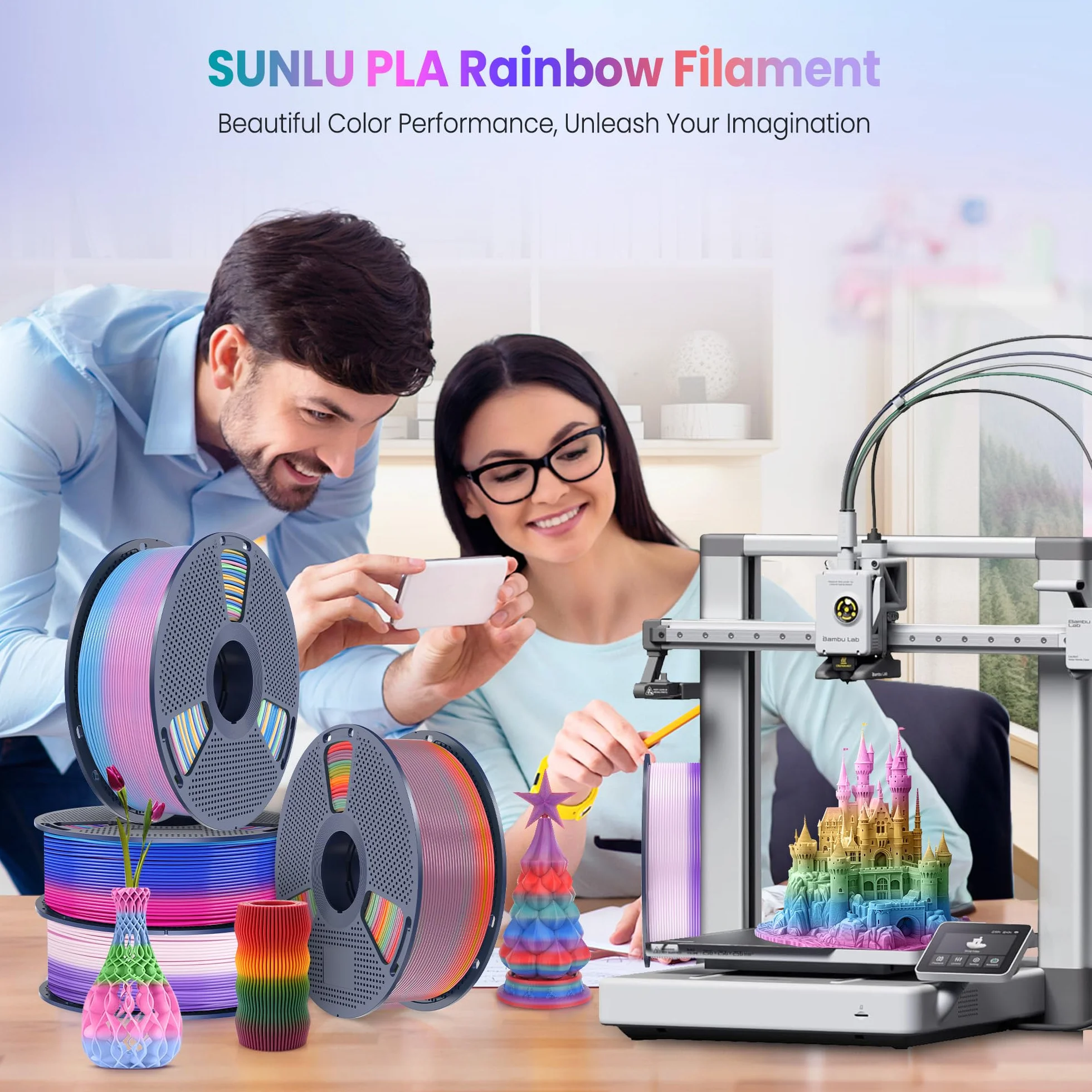 SUNLU Rainbow PLA Filament do drukarki, wielokolorowy, czysto nawinięty gradient PLA 3D, filament do drukarki 1,75 mm ± 0,02 mm, waga całkowita 4 kg, 1 kg na szpulę, 4 rolki.