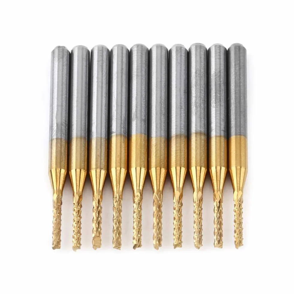 Frez trzpieniowy z twardego metalu, 10 sztuk 1,5 mm frez trzpieniowy CNC P-CB grawerunek bit powłoka wolframowa 1/8" trzpień