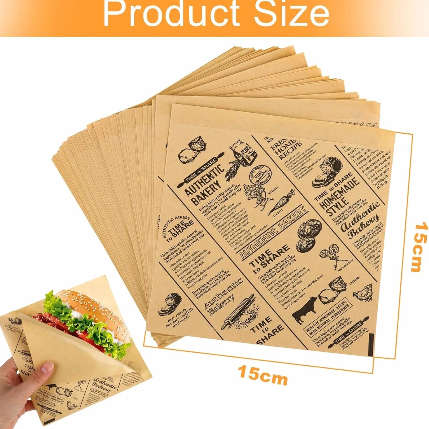 200 sztuk papieru do burgerów, do hamburgerów, kanapek, wrapów i frytek, odporne na tłuszcz, papier spożywczy na przekąski, piknik, imprezę i do gastronomii (15 x 15 cm)
