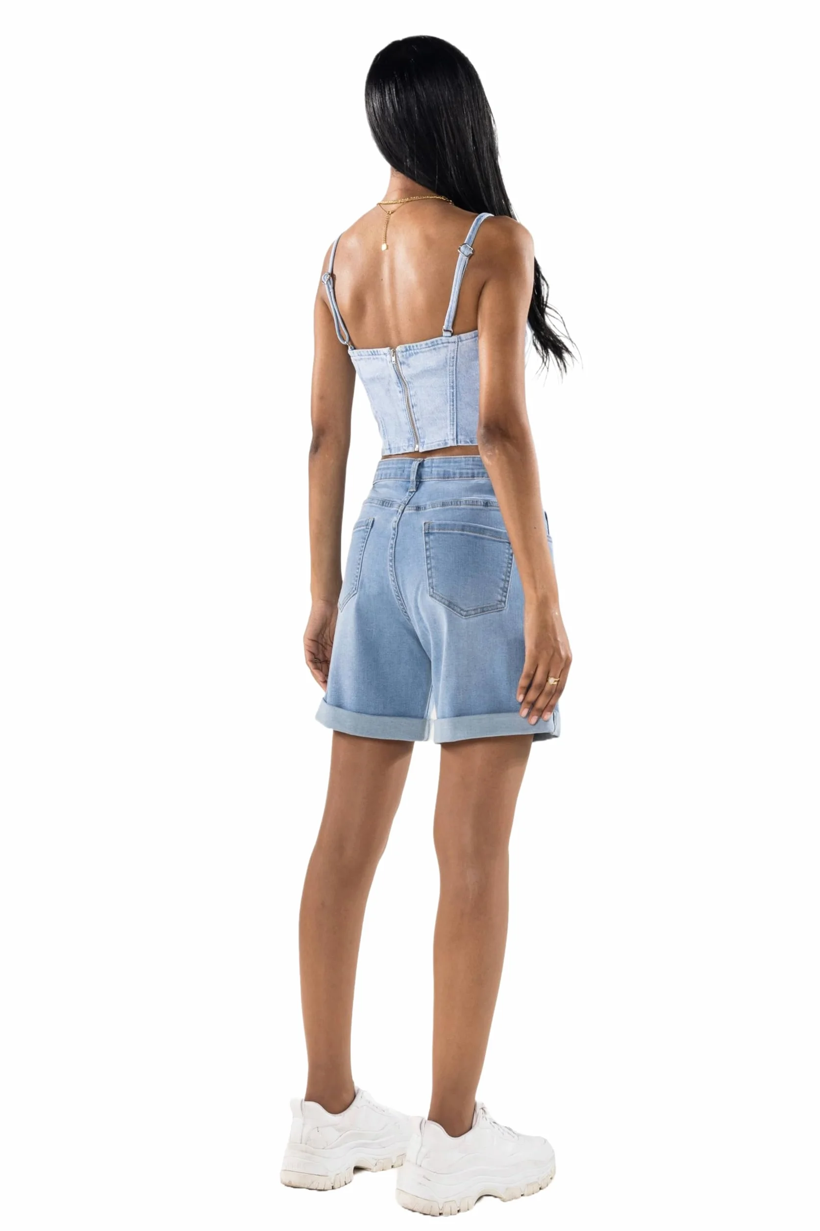 Nina Carter P208 damskie szorty jeansowe z wysokim stanem, styl used look, na uda, denim, letnie szorty