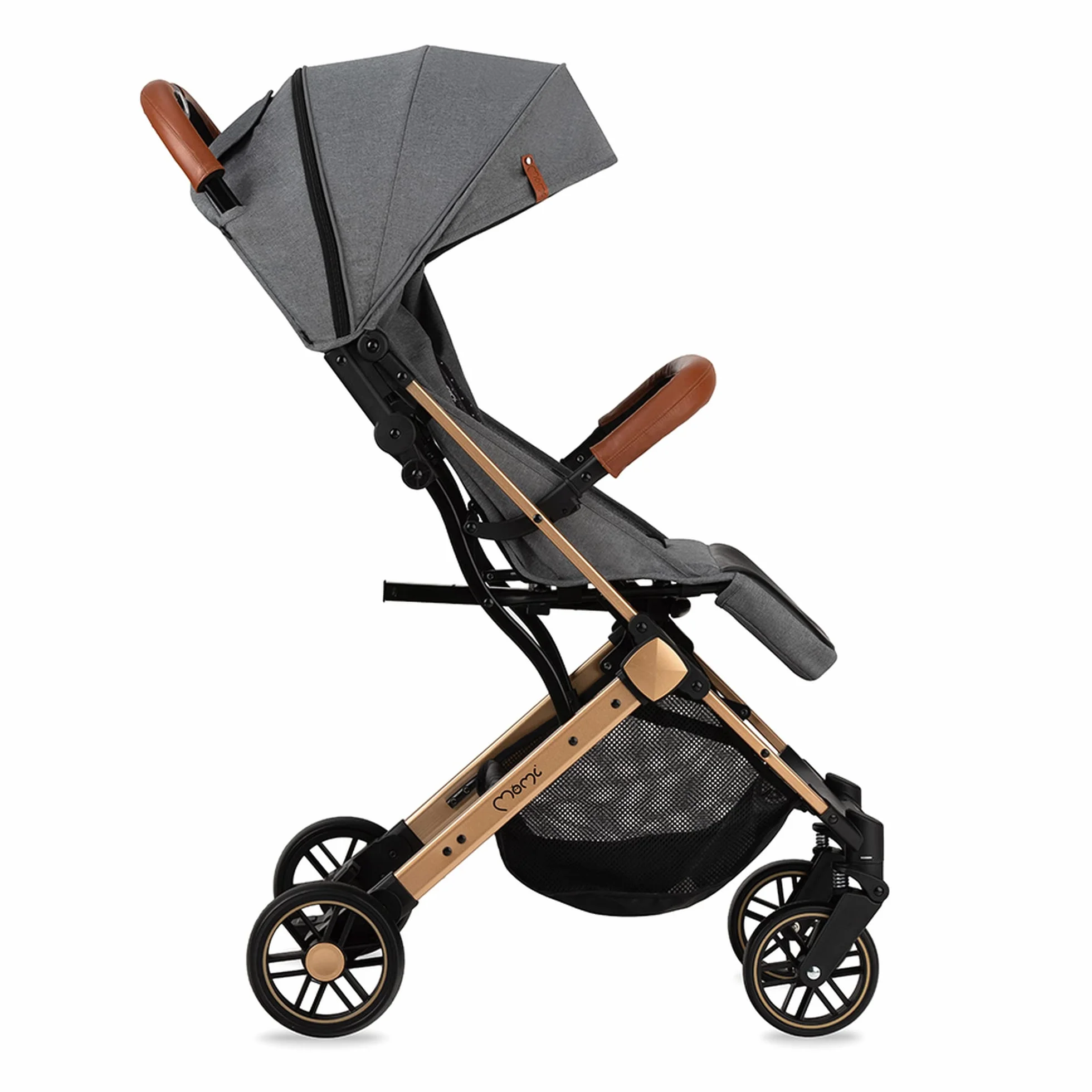 MOMI ESTELLE wózek dziecięcy dla dzieci od 6 miesięcy, do maks. wagi ciała 15 kg, składany do wymiarów 65 x 51 x 21 cm, waga 7,5 kg, 5-punktowy pas bezpieczeństwa, walizka, szaro-złoty