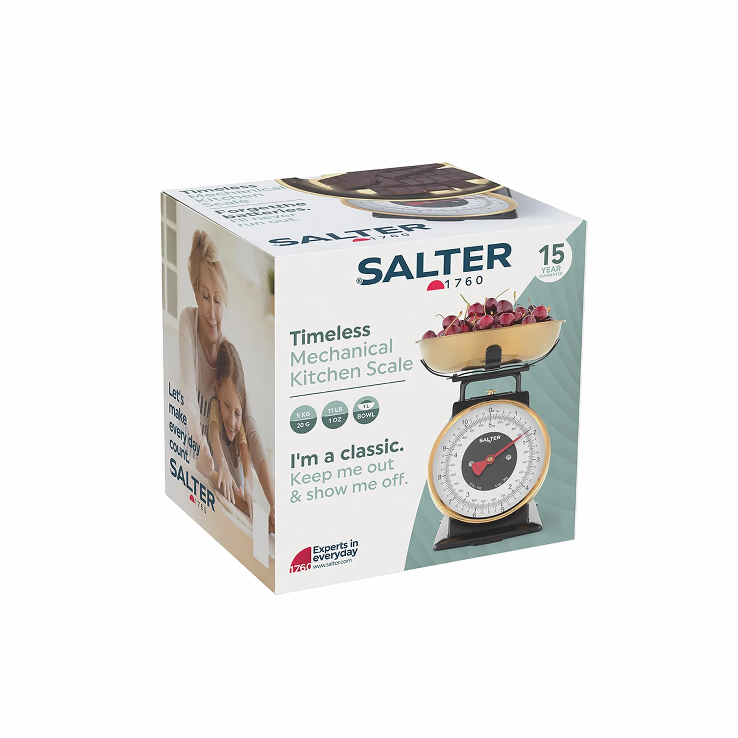 Salter Ponadczasowa waga kuchenna – mechaniczna waga do pieczenia, 5 kg, miska ze stali nierdzewnej 1 l, przyrost 20 g/1 funt, łatwe odczytanie dużych cyfr tarczy, wysokość 25 cm. Nie wymaga baterii