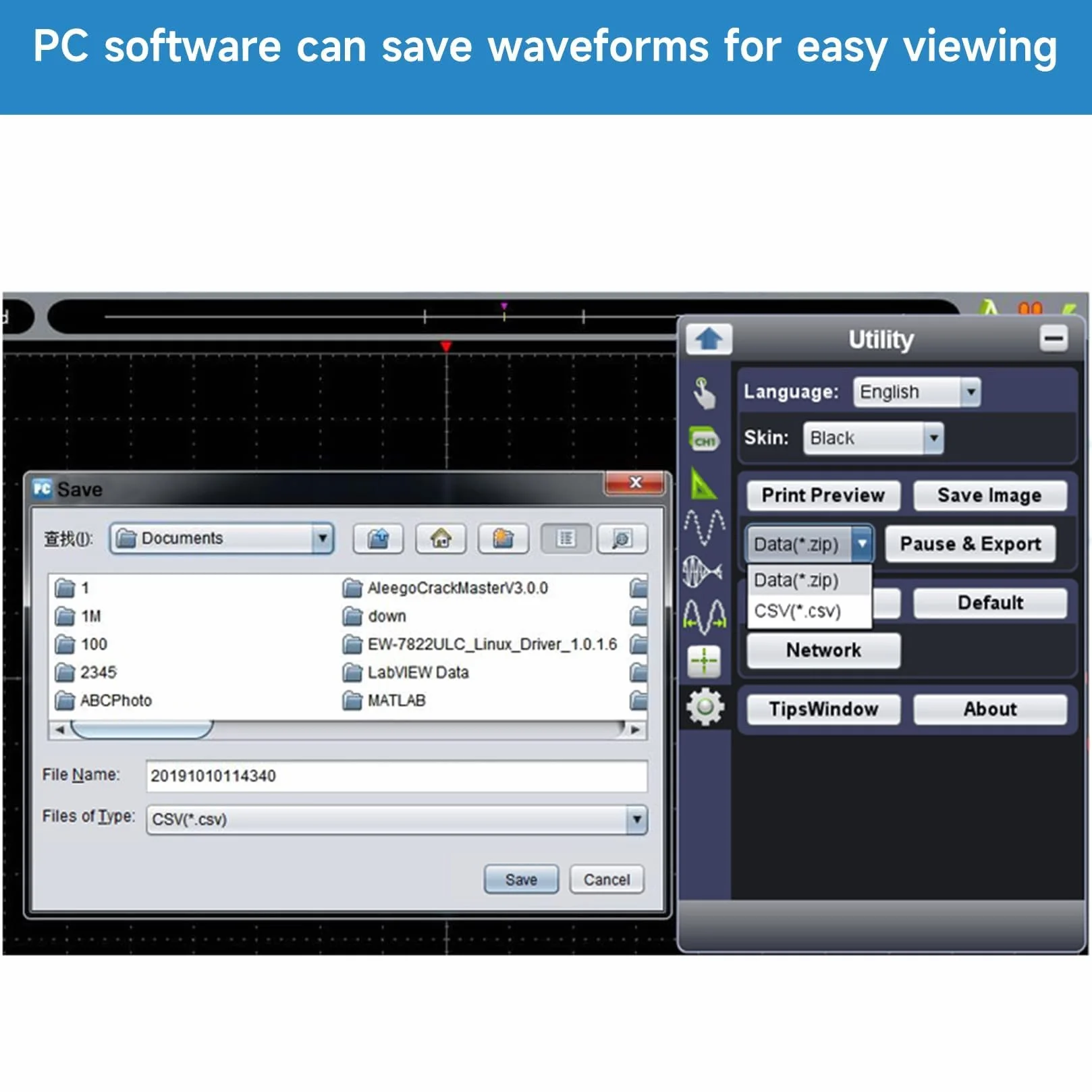 OWON VDS6104 USB PC wirtualny oscyloskop 4 kanały 100 MHz 1Gsa/s 8 bitów ADC przenośne cyfrowe oscyloskopy USB typu C oscyloskop PC, obsługiwany standardowy protokół SCPI, obsługiwany LabVIEW.