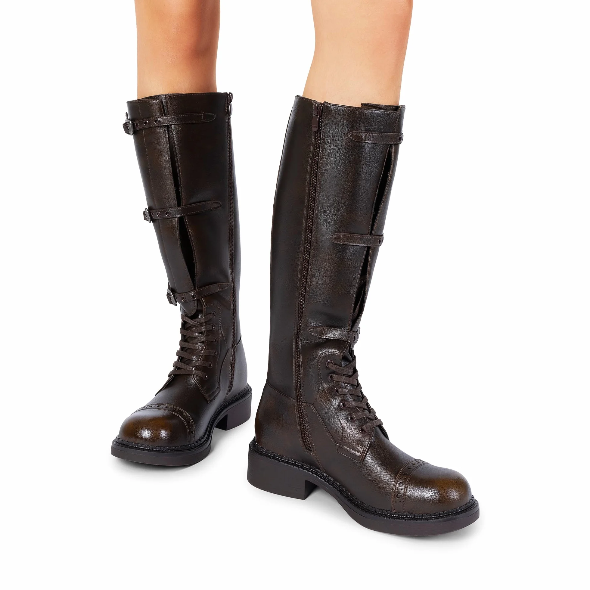 DREAM PAIRS Damskie kozaki do kolan buty bojowe gotyckie sznurowane regulowane klamry masywne niski obcas jesienne botki z bocznym zamkiem błyskawicznym do zakładania i zdejmowania