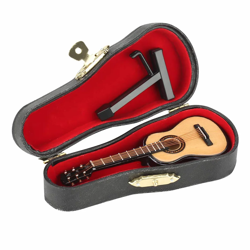 Qinlorgo Drewniana miniaturowa gitara ze stojakiem, miniaturowy drewniany model gitary ekspozycja mini ozdoby muzyczne rzemiosło dekoracja domu
