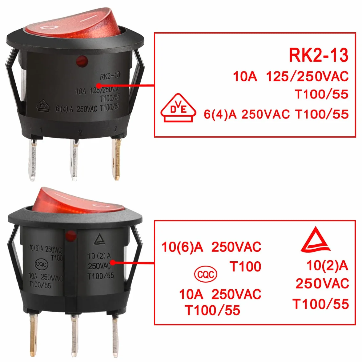 Heschen okrągły przełącznik kołyskowy ON-OFF SPST 3 zaciski czerwone światło 10 A 250 V AC 2 sztuki