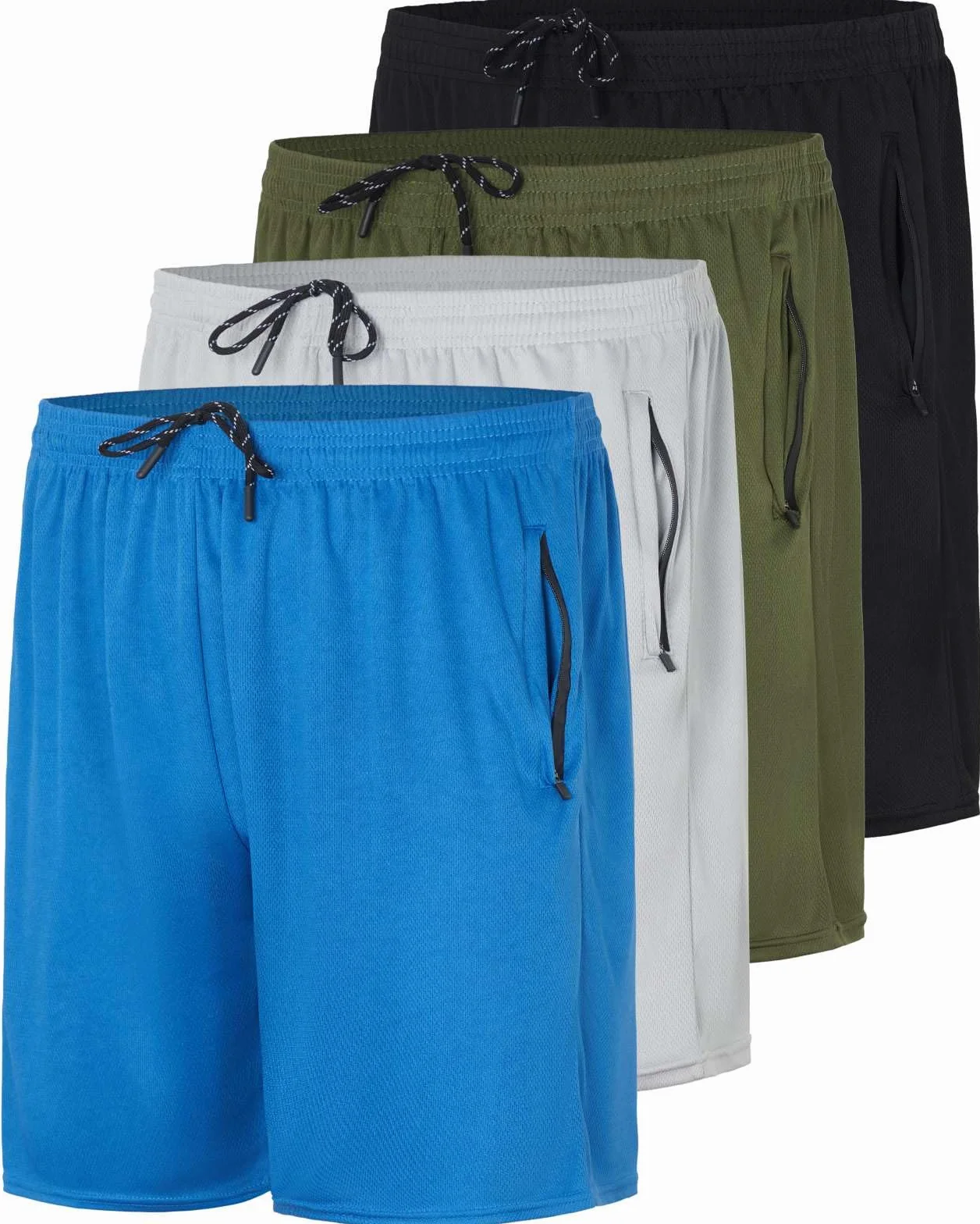 Real Essentials 4 Pack: Men's Mesh 7"/ 5"/ 3" Athletic Zipper Shorts Workout Gym Running Basketball (7 Inch Set 3, Black, Blue, Green, Grey - XL - Standard)