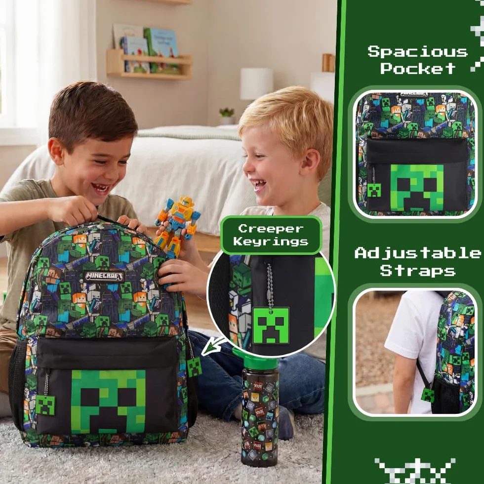 Minecraft Opcje plecaka szkolnego dla chłopców, plecak dla graczy z pnączami, zombie, szkieletem, endermana i pająkiem jaskini, torba z postaciami do szkoły, podróży, gier, jednodniowych wycieczek |
