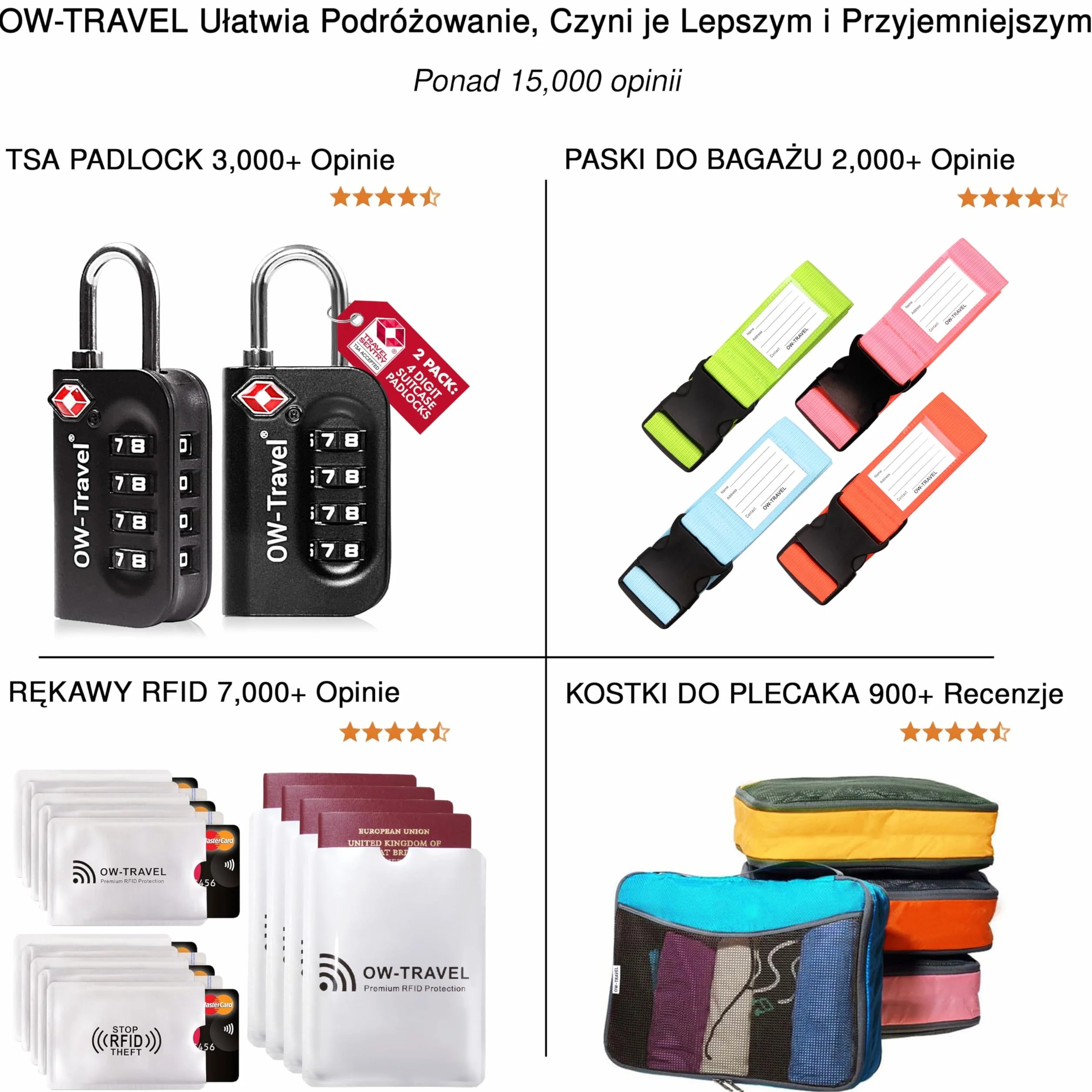 OW-Travel Łatwe do zorganizowania kompresyjne kostki do pakowania walizek. 4 Duże Kostki Podróżne do Torby Plecaka Bagażu. Akcesoria podróżne Niezbędne na wakacje. 4 szt. C zarny