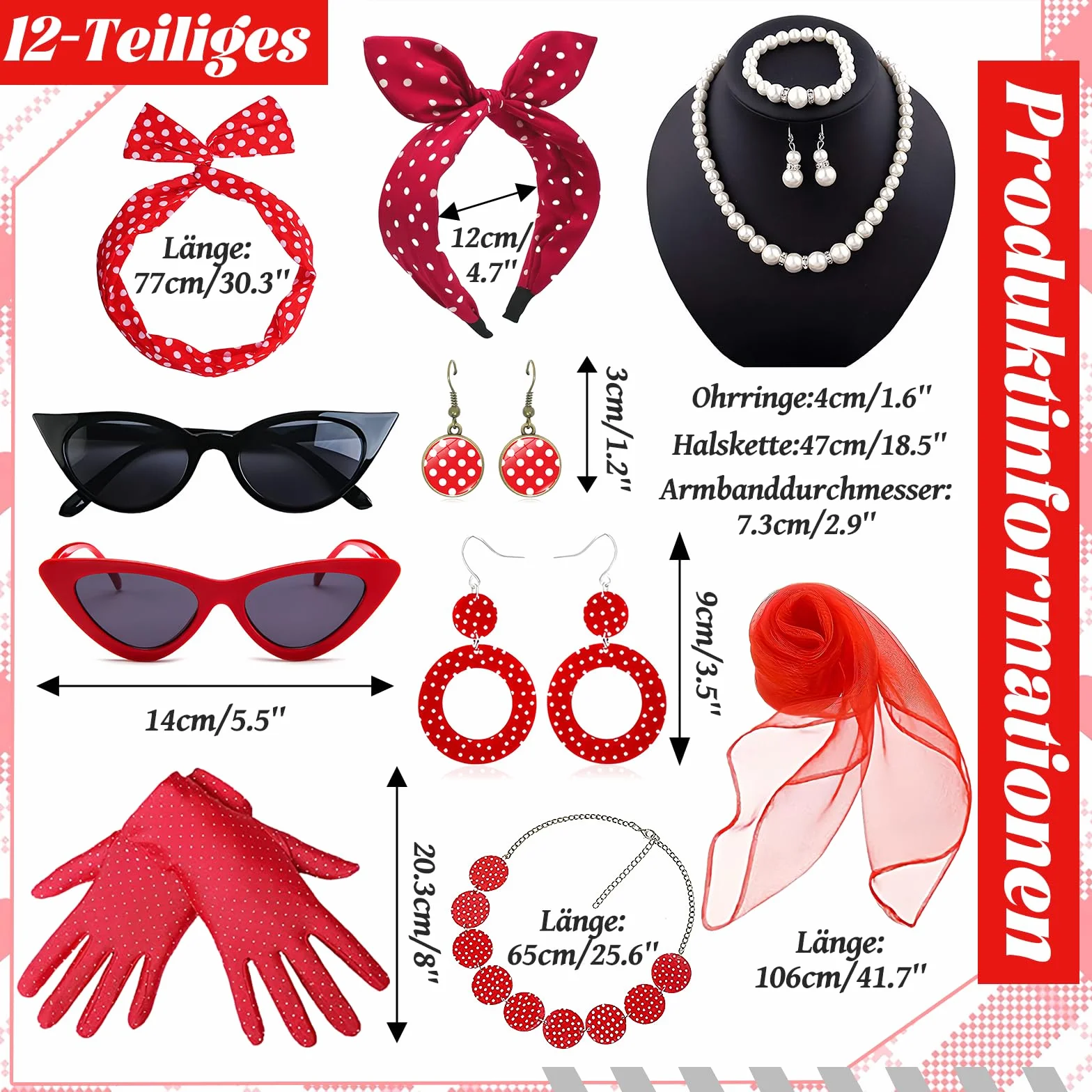 Grantop Akcesoria damskie w stylu lat 50. XX wieku, 12-częściowy zestaw akcesoriów damskich w stylu rockabilly, w stylu retro, akcesoria do kostiumu z szyfonu, szalik, rękawiczki, opaska na czoło