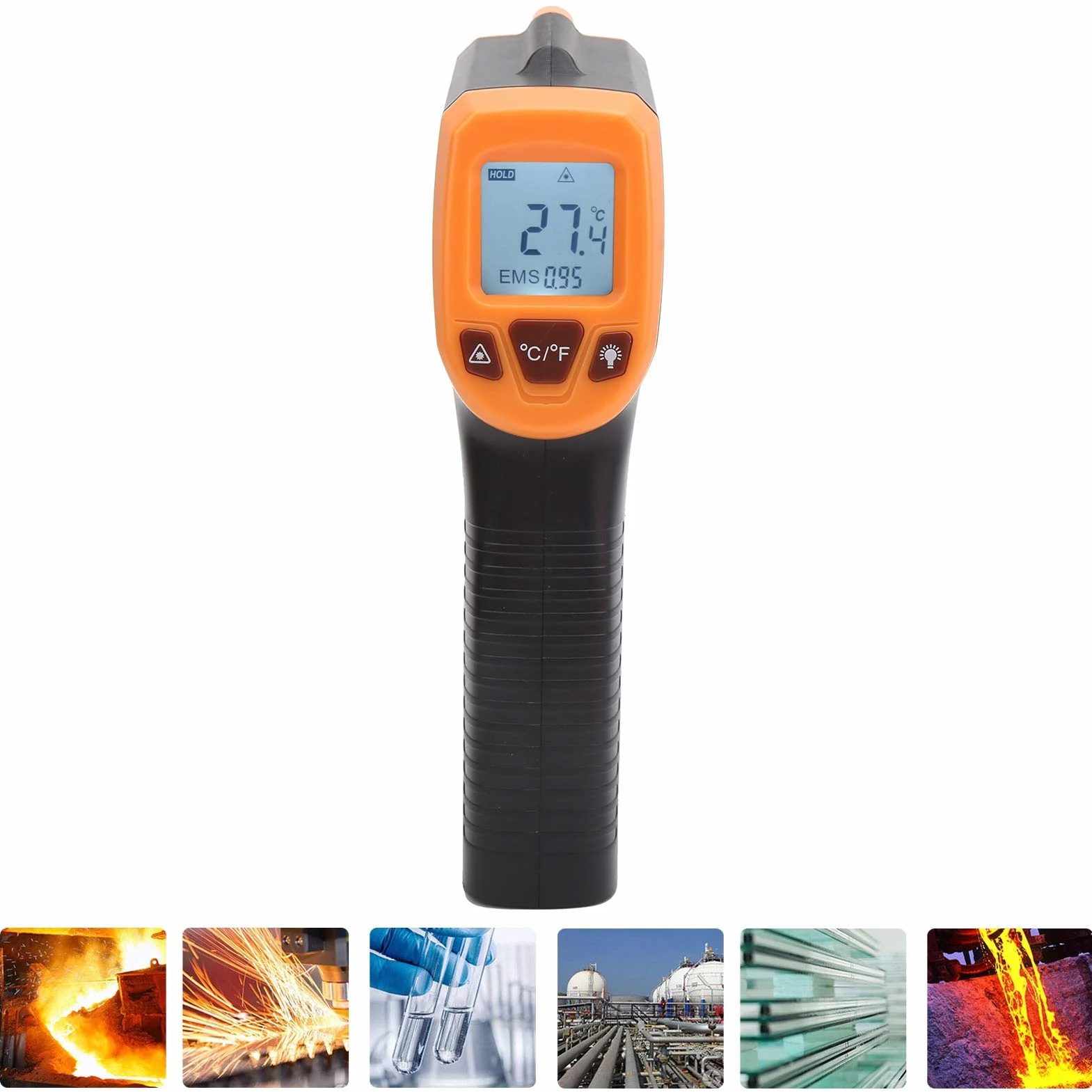 GM320S Termometr Bесконтактowy na Podczerwień, Pistolet do Pomiaru Temperatury z Wyświetlaczem LCD, Zakres -50°C do 600°C, Pomarańczowy, Przemysłowy