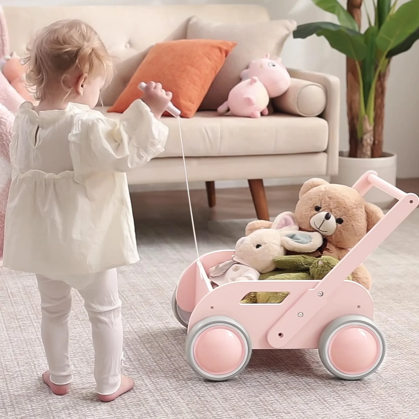 Drewniany wózek do nauki chodzenia dla chłopców i dziewczynek, wózek dziecięcy z drewna, Baby Walker z kółkami, prezent na urodziny, Boże Narodzenie, różowy