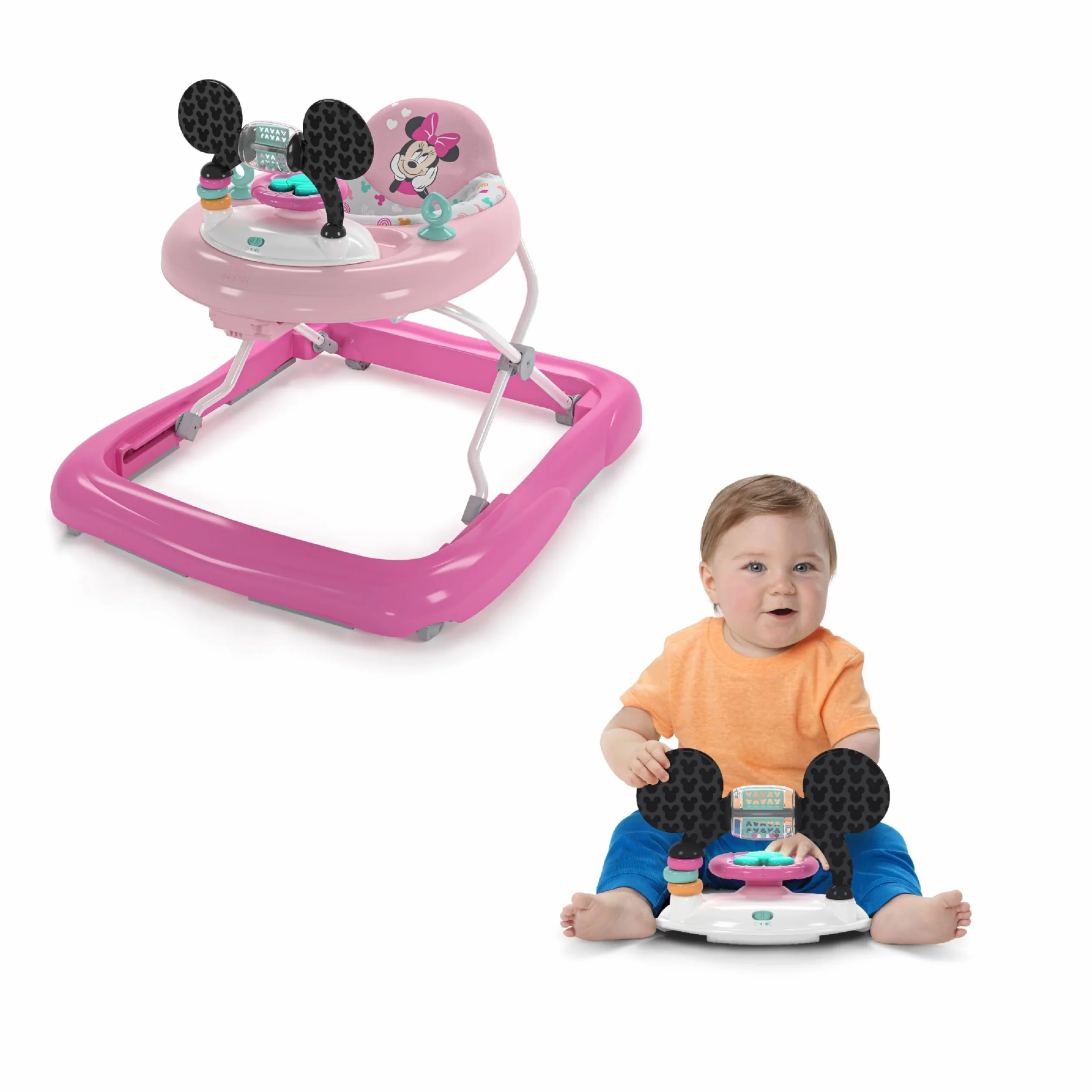 Bright Starts, Disney Baby, Minnie Forever Besties, chodzik i centrum aktywności 2 w 1, oświetlenie i muzyka, regulowana wysokość, łatwe składanie, od 6 miesięcy