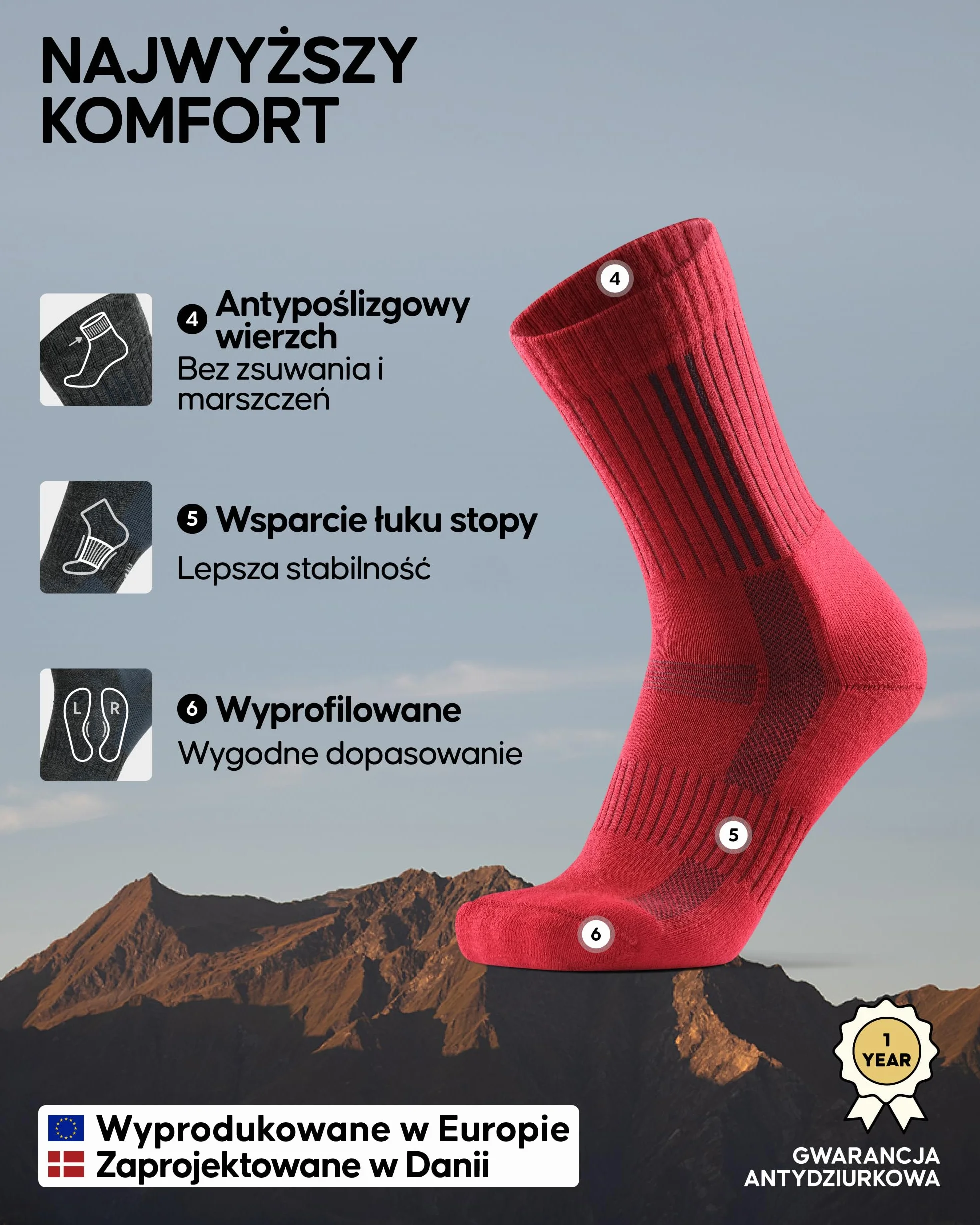 DANISH ENDURANCE Skarpety Trekkingowe Premium, Wełna Merino, Skarpety do Wędrówek, Damskie i Męskie 2-Pak