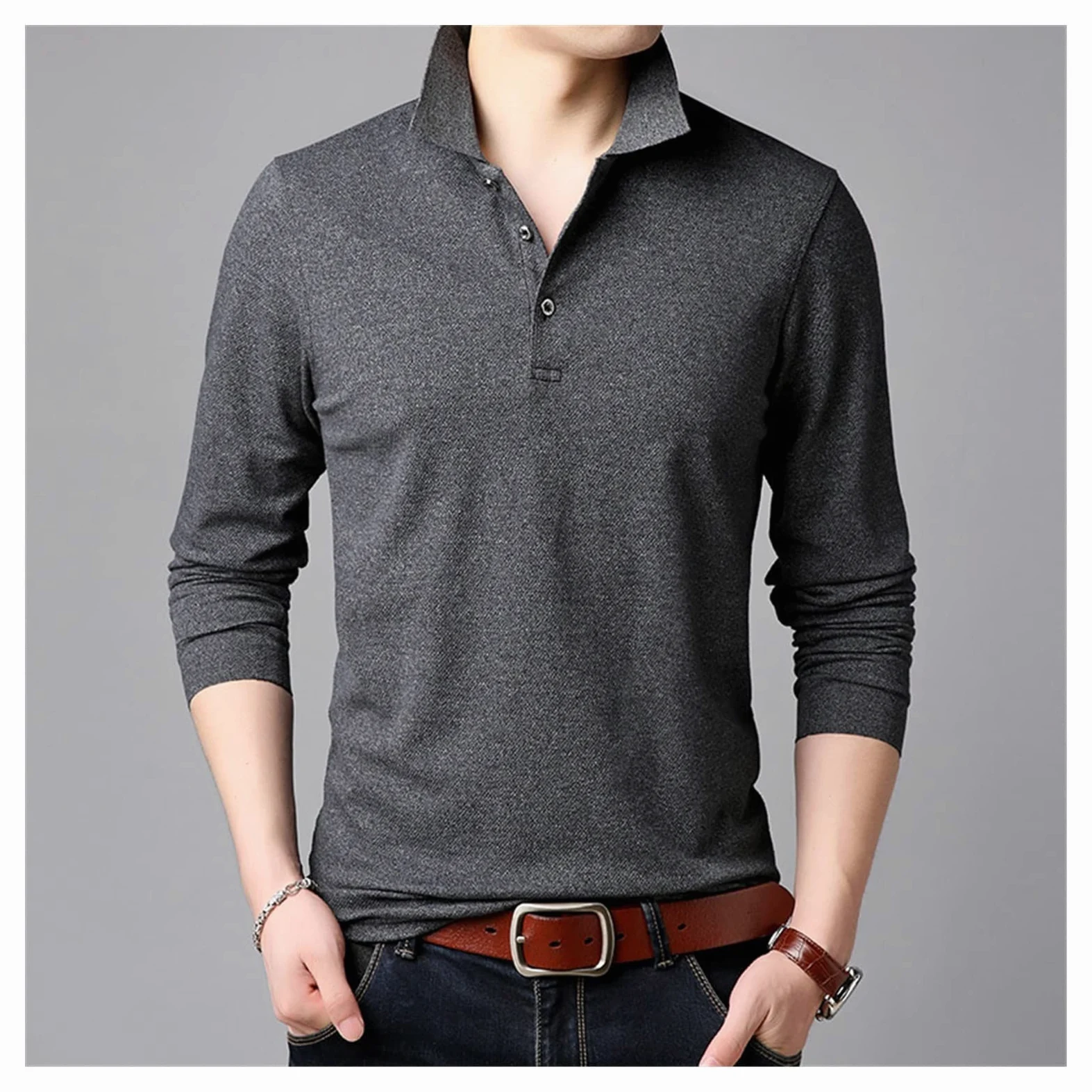 Koszula męska Jednokolorowa, z długim rękawem, slim fit, koreańska chłopięca koszulka polo, Casualowa odzież męska (kolor: A, rozmiar: kod M) (kod A 3XL)