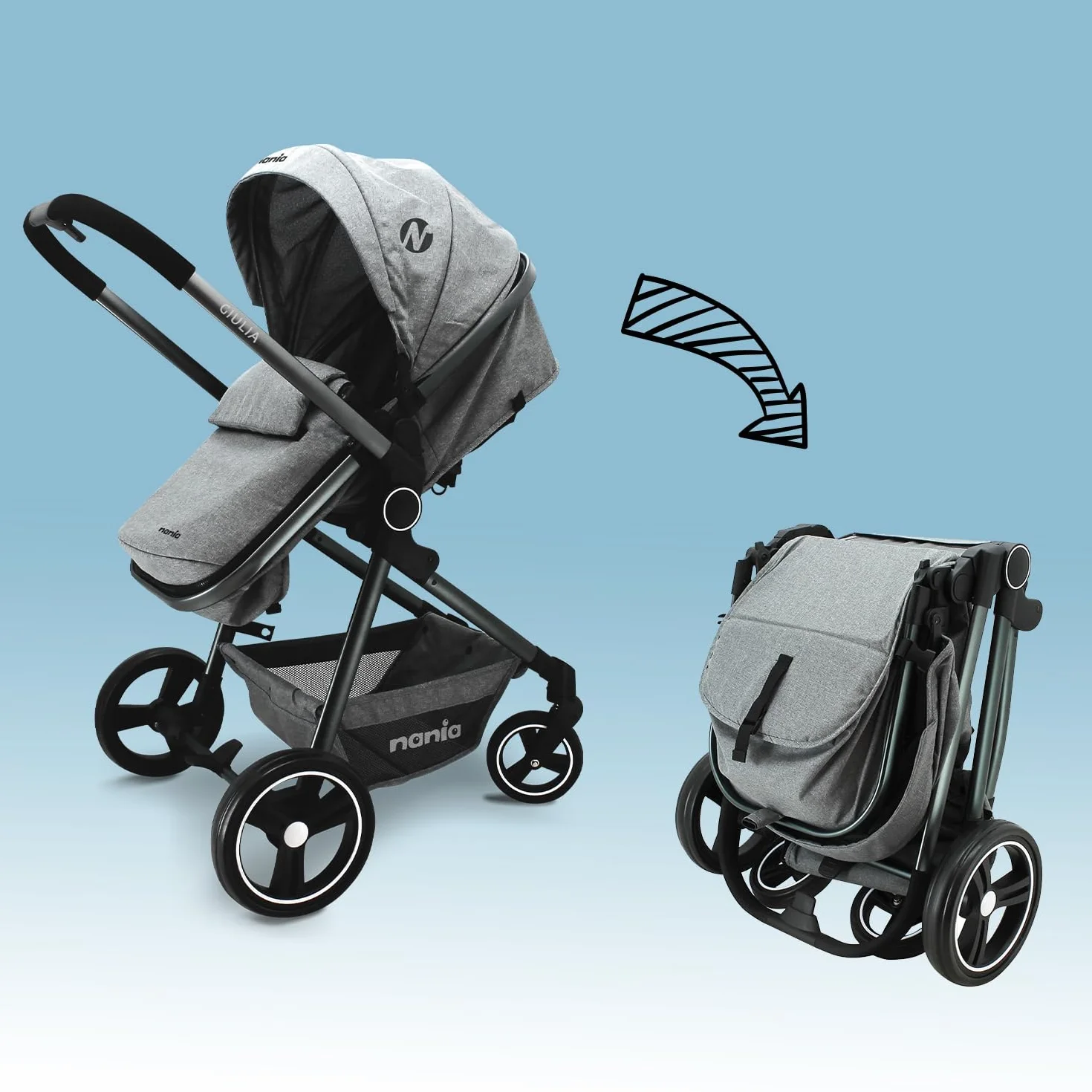 Nania GIULIA wózek kombi 3 w 1, wózek dziecięcy od 0 do 36 miesięcy, składany i odchylany + fotelik samochodowy BEONE EVO i-Size 40-85 cm - Grupa 0+ (0-13 kg), tył drogi + torba na pieluchy, pokrowiec