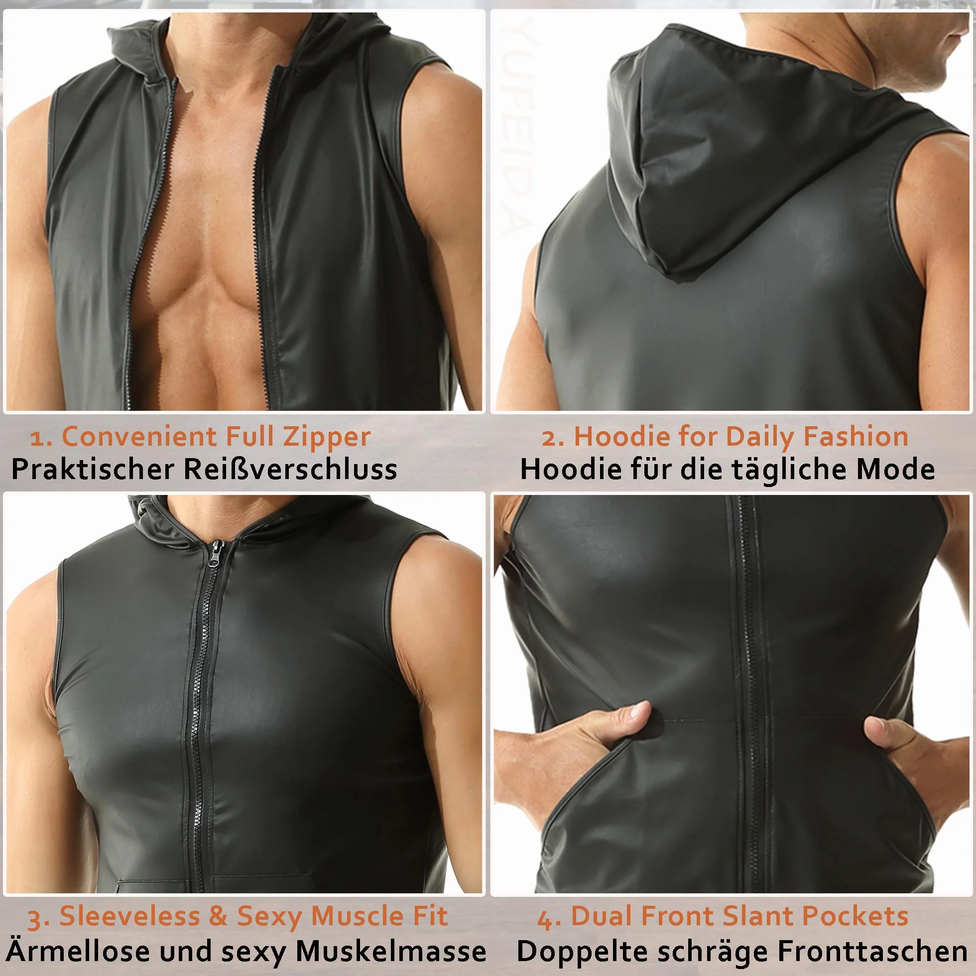 YUFEIDA Męskie podkoszulki, bez rękawów, podkoszulek ze sztucznej skóry, Muscle Fit, kamizelka, topy, koszule, modne podkoszulki