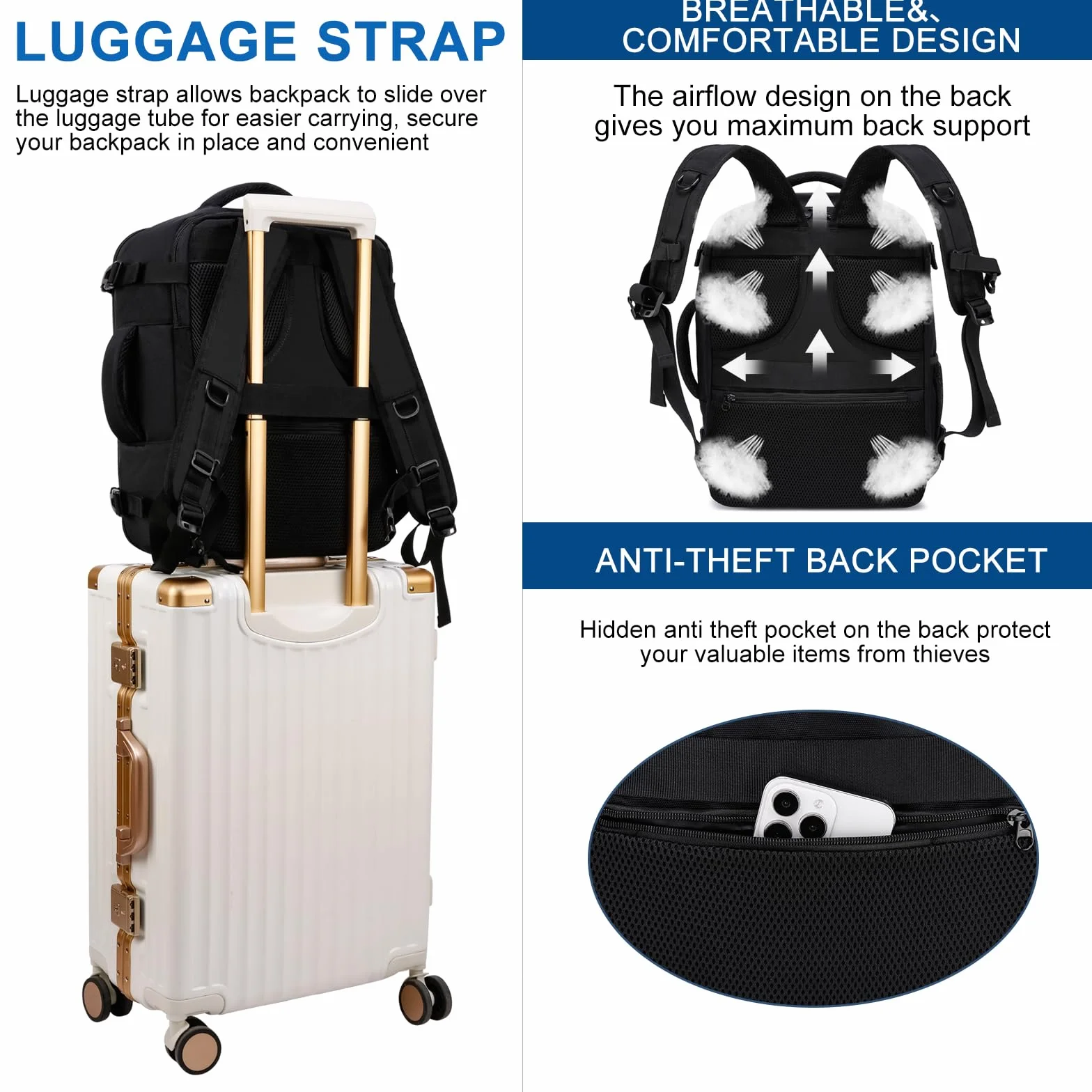 Bagaż Podręczny 40x30x20, Plecak Podróżny Męski i Damski do Ryanair, Wizzair, Vueling,Eurowings,Easyjet,24L Cabin Bag Travel Backpack do Pracy, Biznesu i Podróży Bagaż Laptopa 15.6 Cali, Czarny