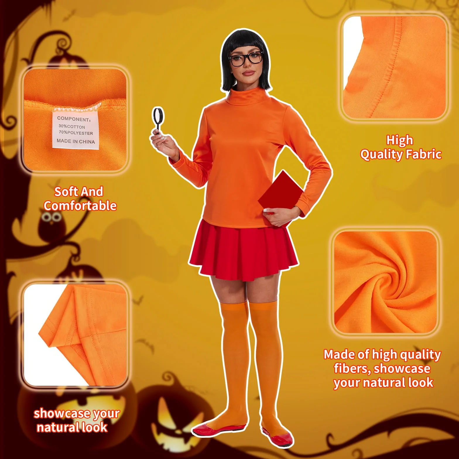 Velma kostium dla kobiet, pomarańczowy golf, spódnica skaterowa, skarpety, kostium Cosplay dla dorosłych, na imprezy, karnawał i Halloween