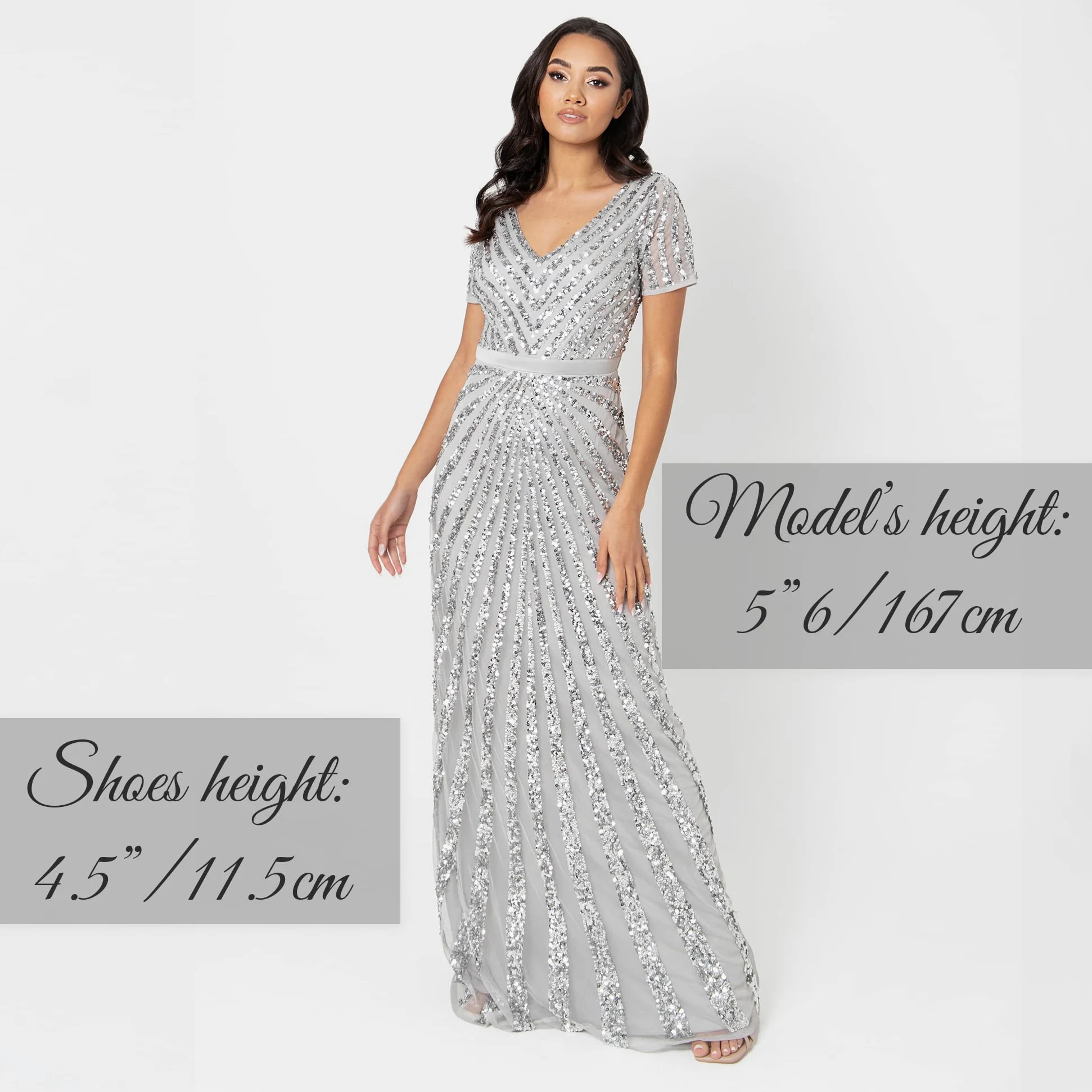 Maya Deluxe Damska sukienka maxi, damska, z wyszywanymi cekinami, z długim rękawem, dekolt w serek, wysoka talia, krój A, błyszcząca, na studniówkę, wesele, dla druhny, szary, 48