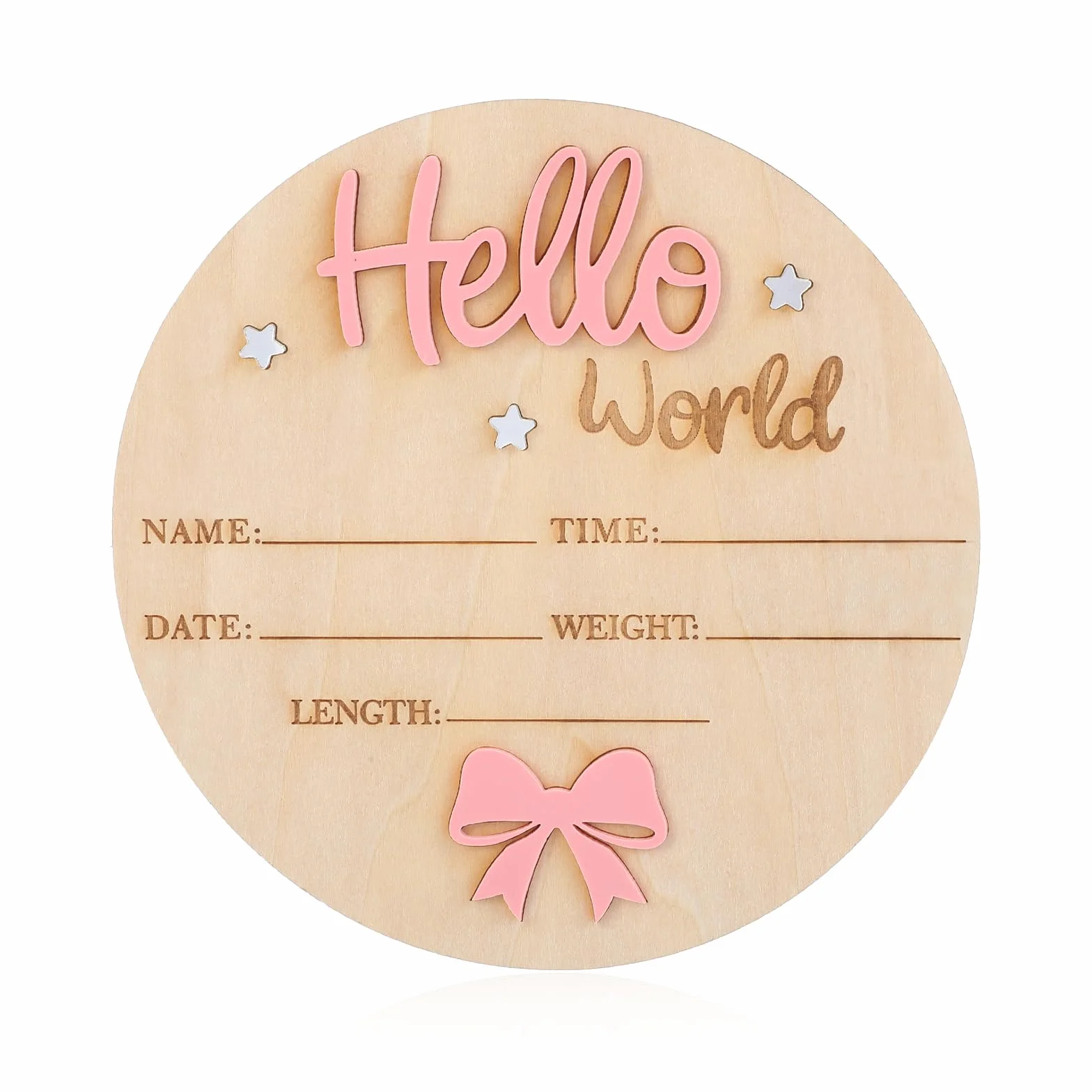 Nogeqi Różowe kartki z kamieniami milowymi dla niemowląt, drewniana, spersonalizowana tabliczka informacyjna "Hello World", tabliczka powitalna dla noworodków, okrągła, drewniana, dla kobiet w ciąży