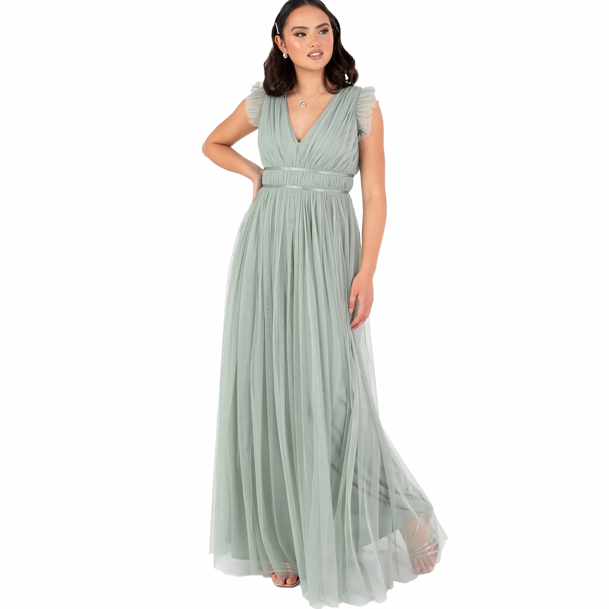 Anaya with Love Damska sukienka maxi, damska sukienka z krótkim rękawem, dekolt w serek, satyna, tiul, linia A, dla druhny, na wesele, na studniówkę, Frosty Green 18, Mroźny zielony, 44