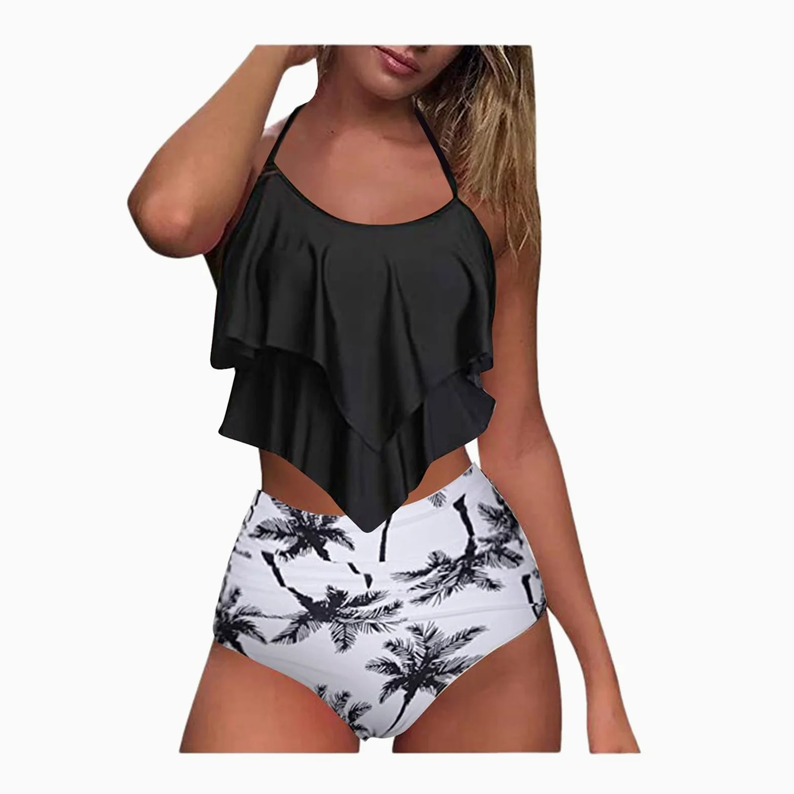 Dwuczęściowy strój kąpielowy damski dwuczęściowy damski kwiatowy bandeau usztywniany biustonosz Ruffles bandażowy zestaw bikini push-up brazylijskie stroje kąpielowe strój kąpielowy strój kąpielowy bikini (biały XXL)