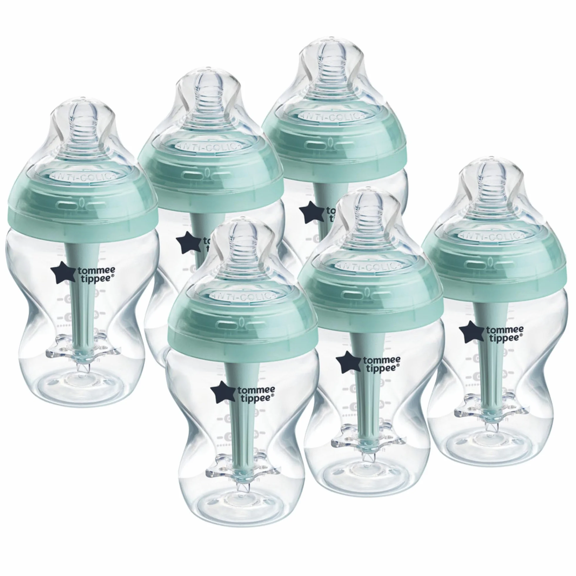 Tommee Tippee Anti-Colic, Butelki antykolkowe, smoczek w kształcie sutka o powolnym przepływie i z unikalnym systemem odpowietrzania Anti-Colic, pojemność 260 ml, opakowanie 6 szt.
