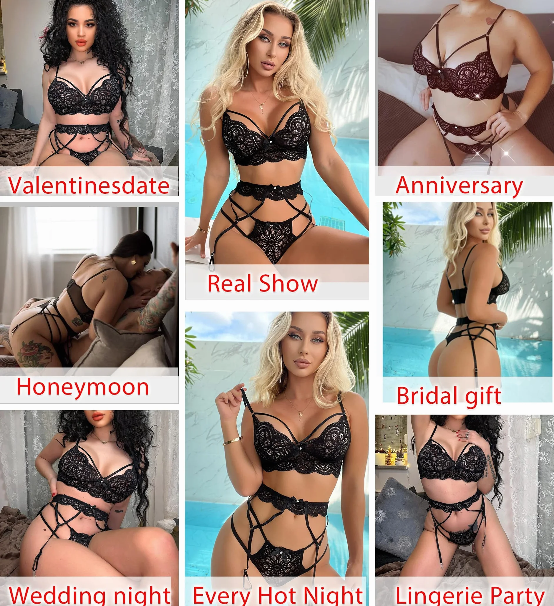 Avidlove Bielizna damska, seksowna bielizna koronkowa, bielizna erotyczna, bielizna babydoll, biustonosz push-up, majtki + podwiązki dla kobiet