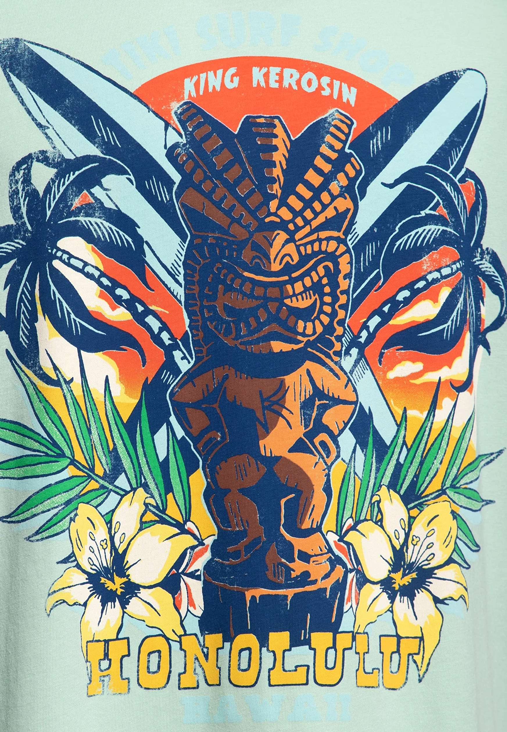 King Kerosin Męski klasyczny T-shirt | koszulka z krótkim rękawem | koszulka basic | regular fit | nadruk z przodu | retro | vintage | rockabilly | czysta bawełna | hawaje | Tikki | Surf Tiki Surf Shop